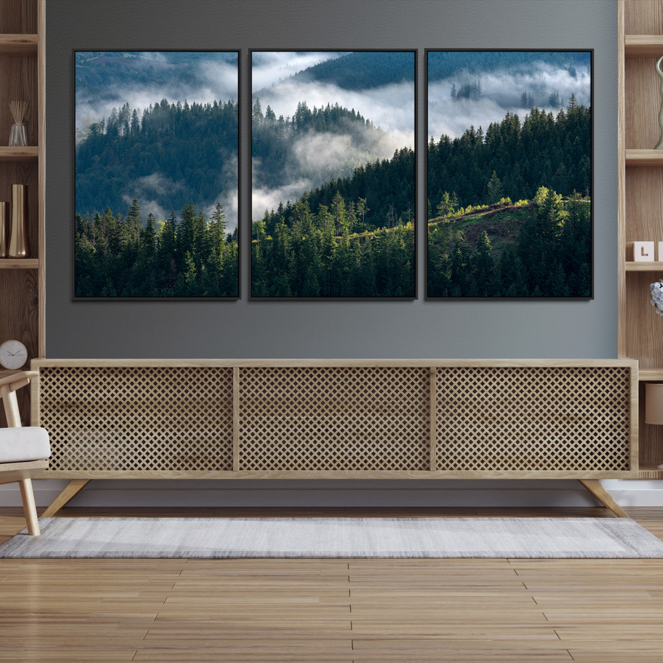 Moody canvas of misty pine forests over layered hills, perfect for cool-toned nature-inspired or woodland-style home decor.