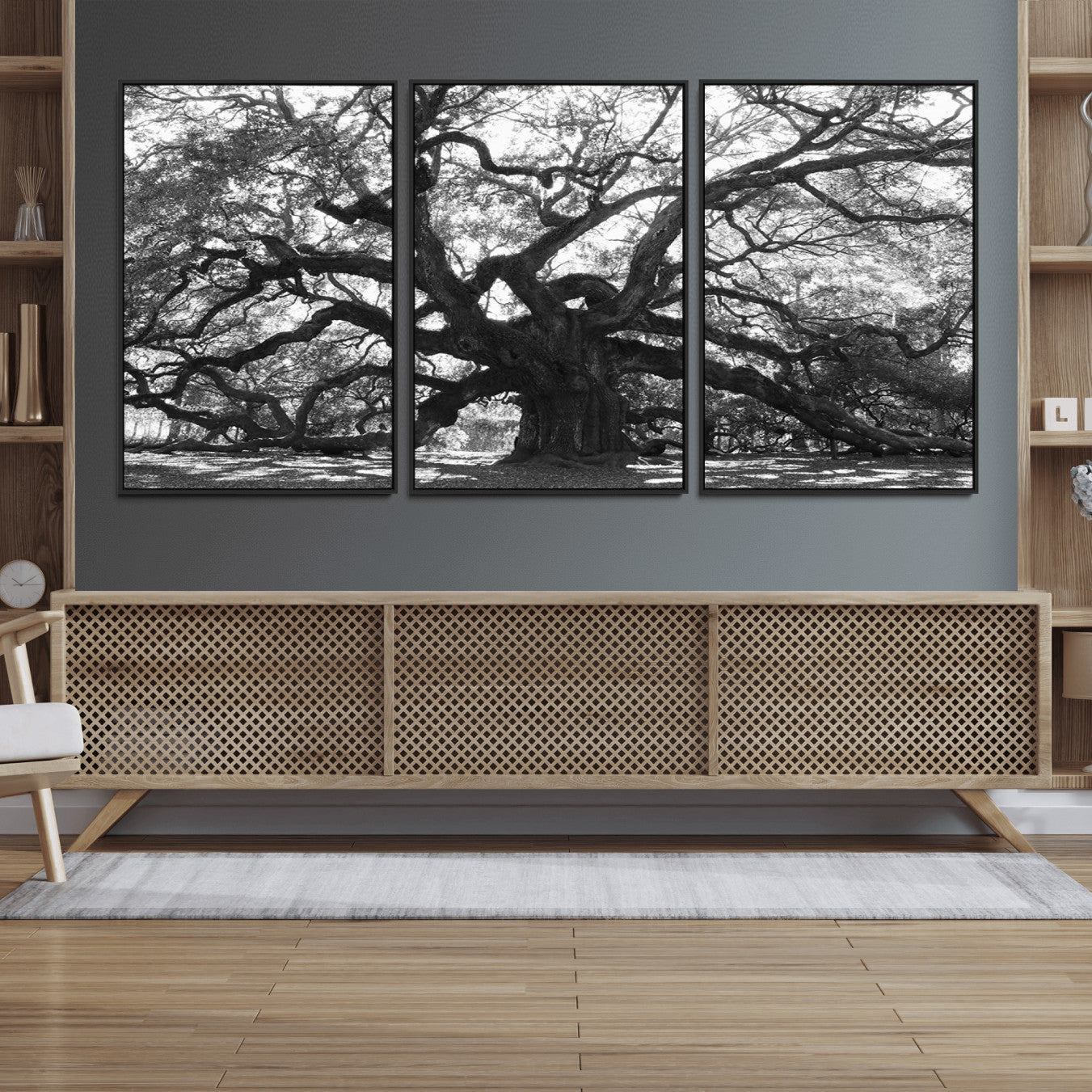 81655611-MGV-FC-60X30-3P_Black-Ancient Oak Wall Art Canvas Print, Framed Twisted Branches Art Picture Print, Gnarled Tree Perfect Moody Nature Decor Artwork