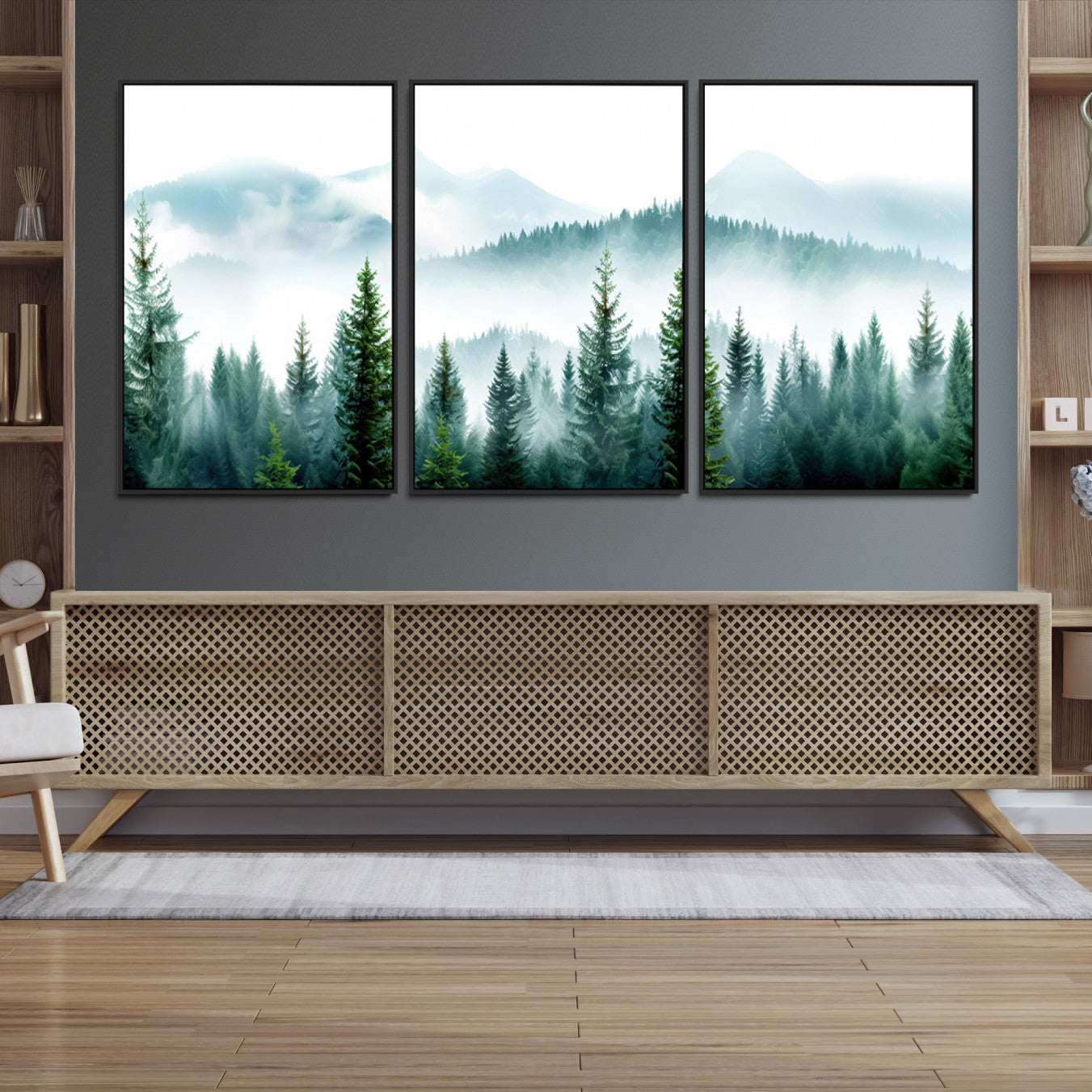 Canvas of pine forest and misty mountain layers in cool tones, perfect for moody forest or serene nature-inspired home decor.