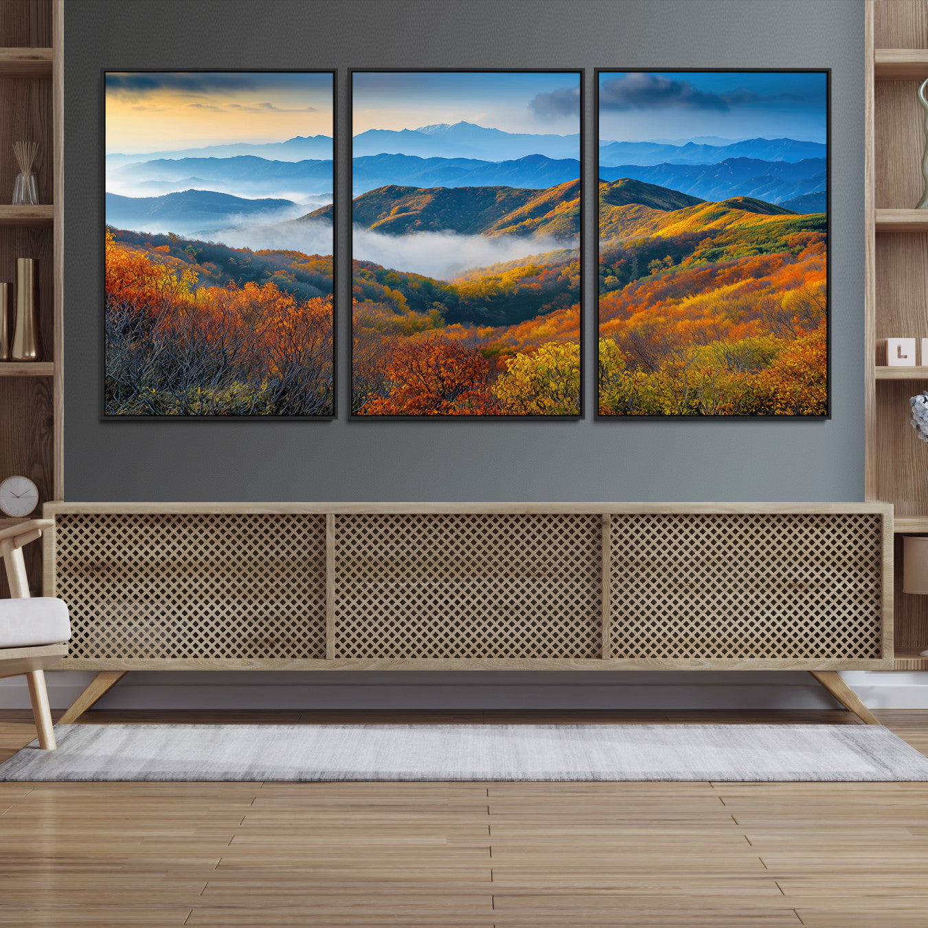 Vibrant canvas of autumn mountains with colorful trees, layered blue ridges, and soft morning fog, ideal for bright nature-themed decor.