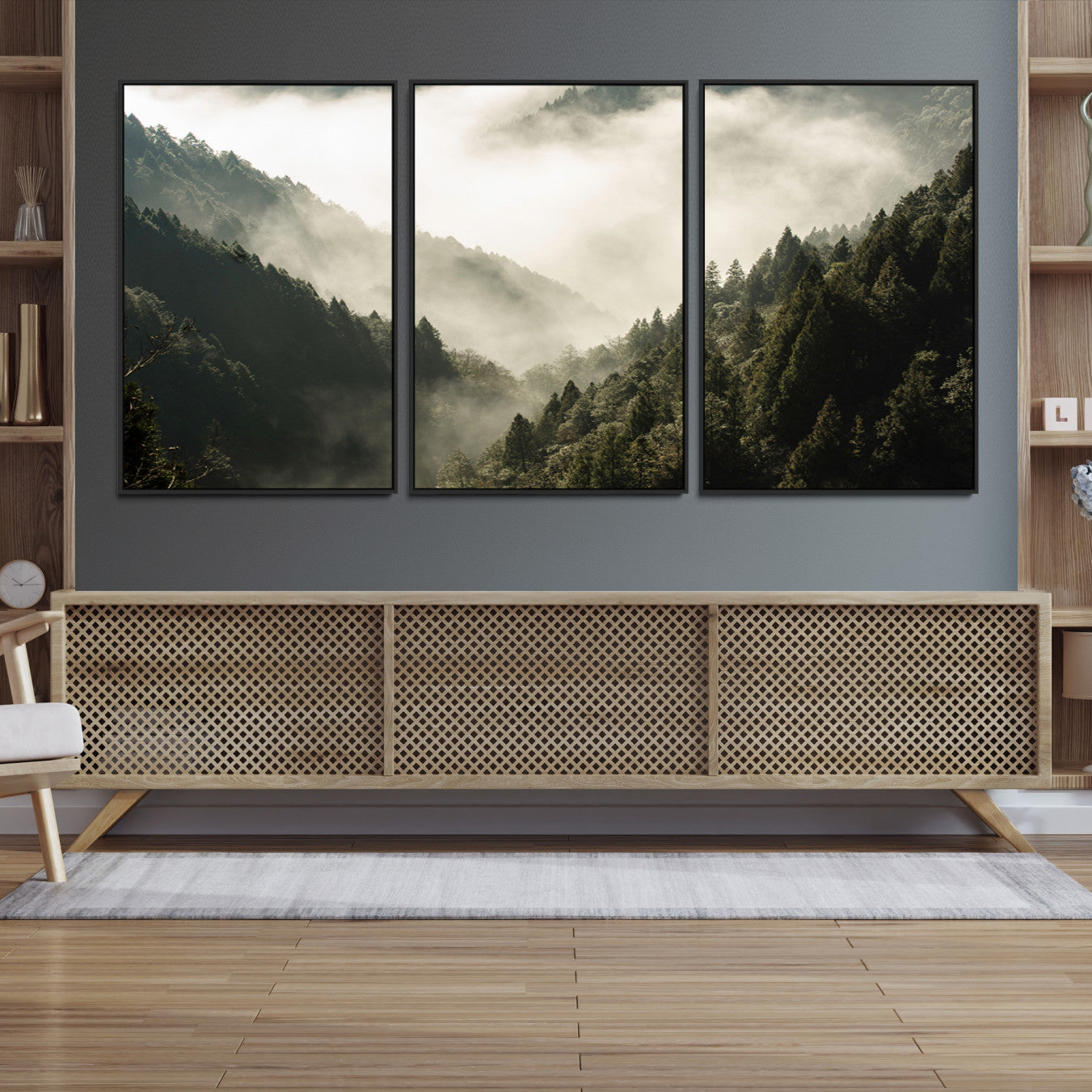Canvas showing a misty pine forest valley with layered green hills and soft fog, perfect for moody or nature-themed decor styles.