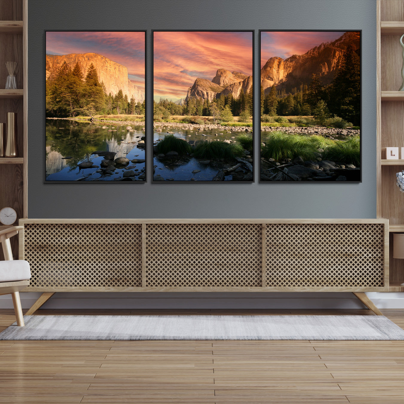 Canvas of Yosemite Valley with El Capitan and sunset sky, featuring vibrant tones ideal for rustic or nature-inspired home decor.