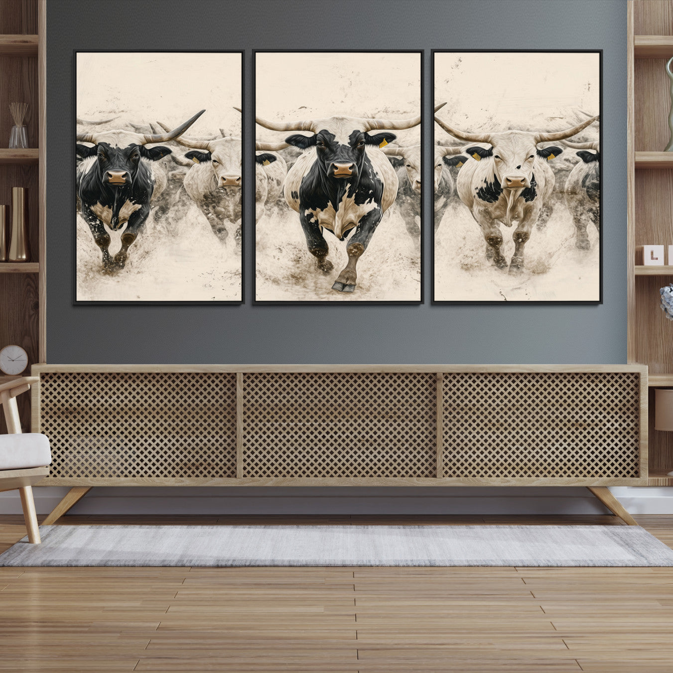 Canvas artwork of Texas Longhorn bulls walking in a dusty herd, ideal for rustic Western or country-style interior decor.