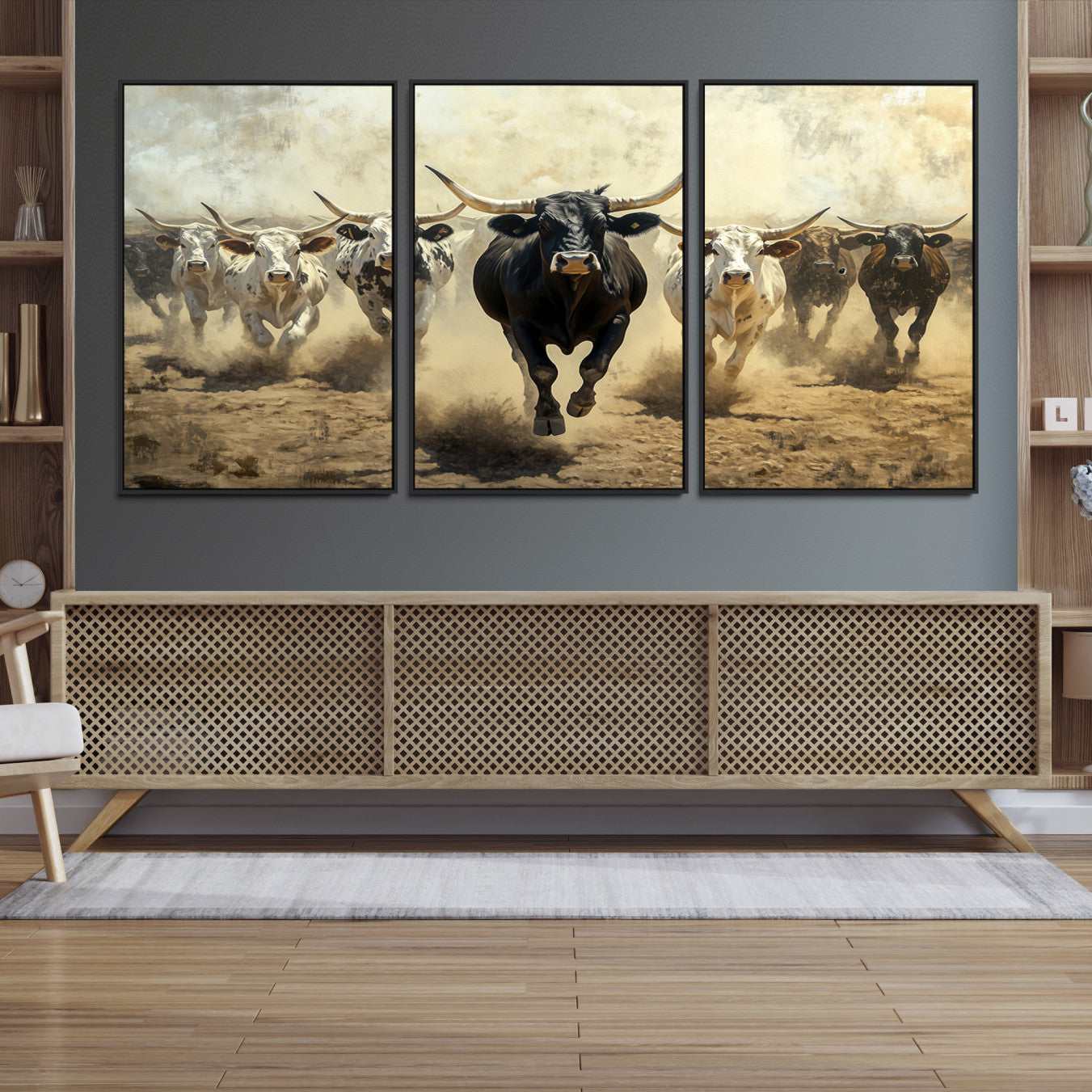 Dynamic canvas showing a Texas Longhorn stampede with earthy tones and bold movement, perfect for rustic or Western-style interiors.