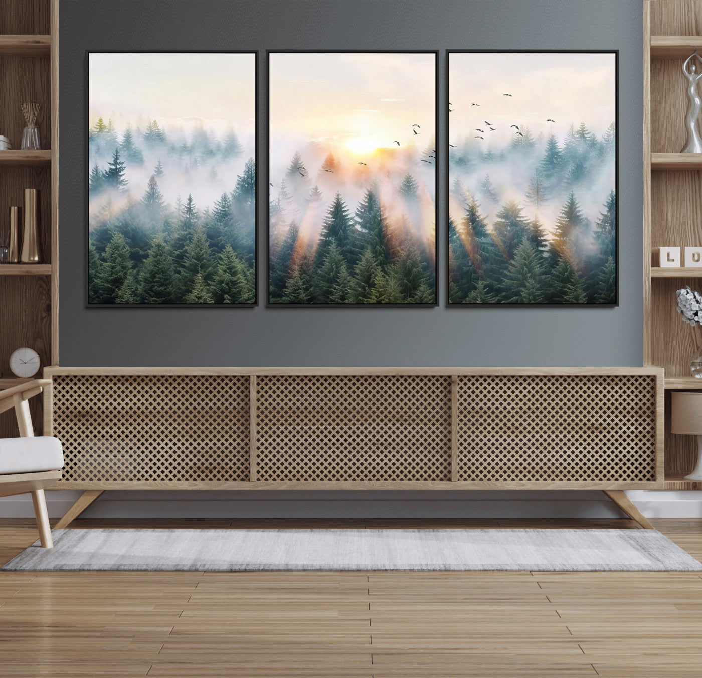 92718976-MGV-FC-60X30-3P_Black-Misty Pine Forest Wall Art Canvas, Sunrise Over Foggy Trees Canvas for Home - Office, Framed