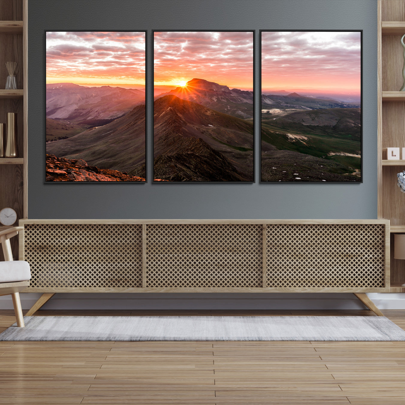 Canvas showing a mountain ridge at sunrise with golden light and dramatic clouds, perfect for nature or rustic-inspired wall decor.