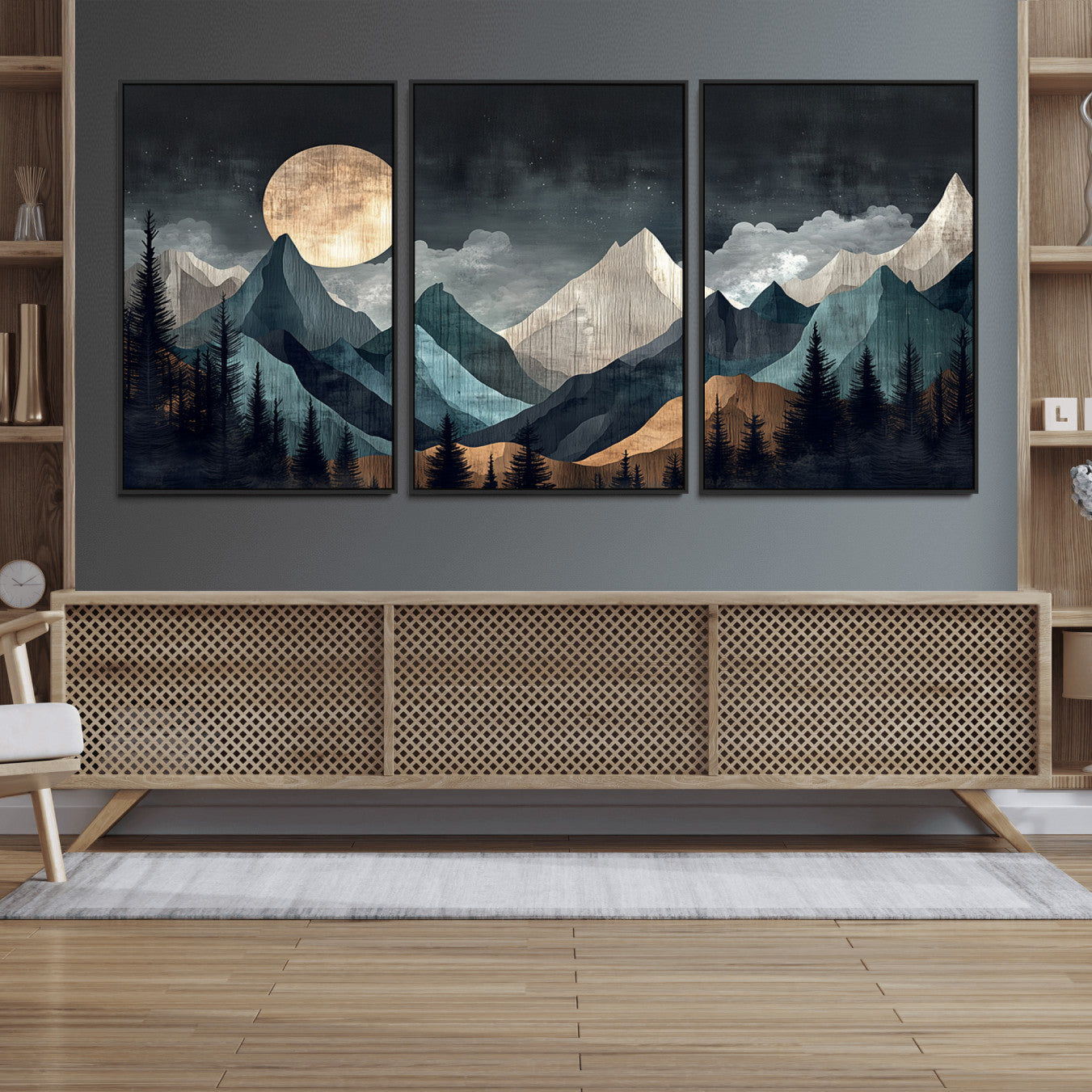 11060882-MGV-FC-60X30-3P_Black-Moonlit Mountain Wall Art Canvas Print – Silhouetted Pines Layered Peaks Tranquil Sky Mist Silver Light Nature Artwork for Home