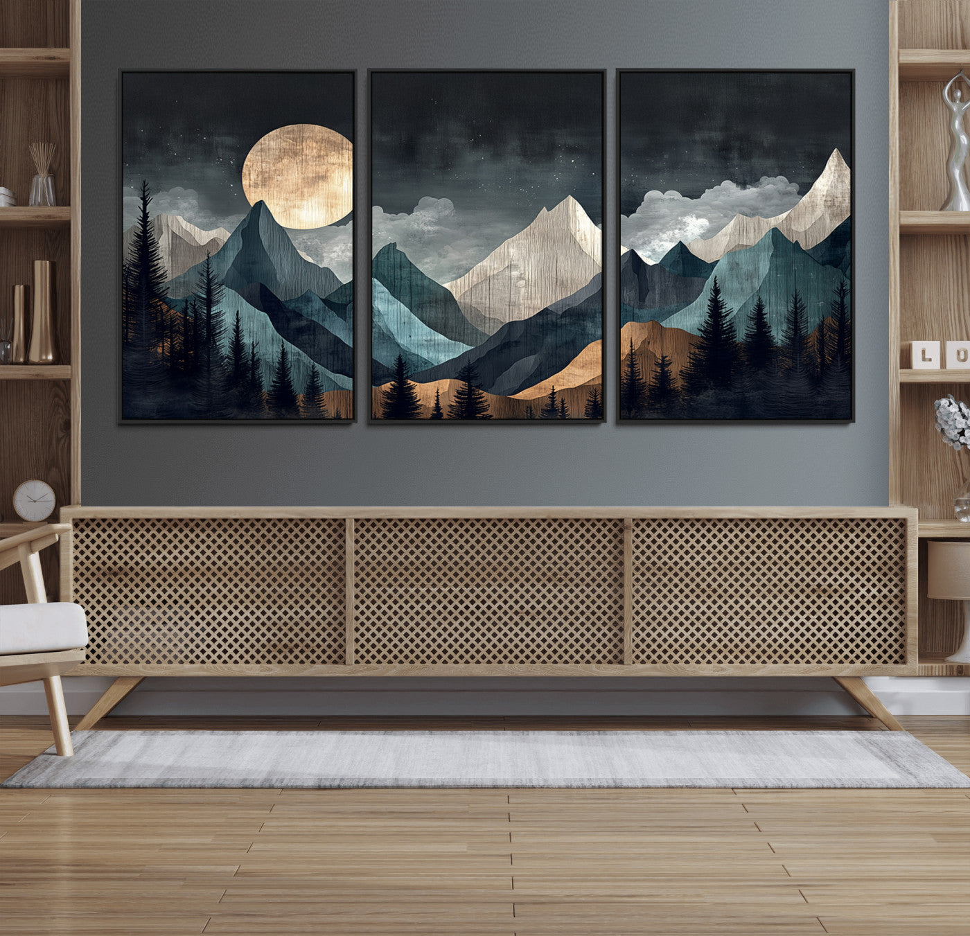 11060882-MGV-FC-60X30-3P_Black-Moonlit Mountain Wall Art Canvas Print – Silhouetted Pines Layered Peaks Tranquil Sky Mist Silver Light Nature Artwork for Home