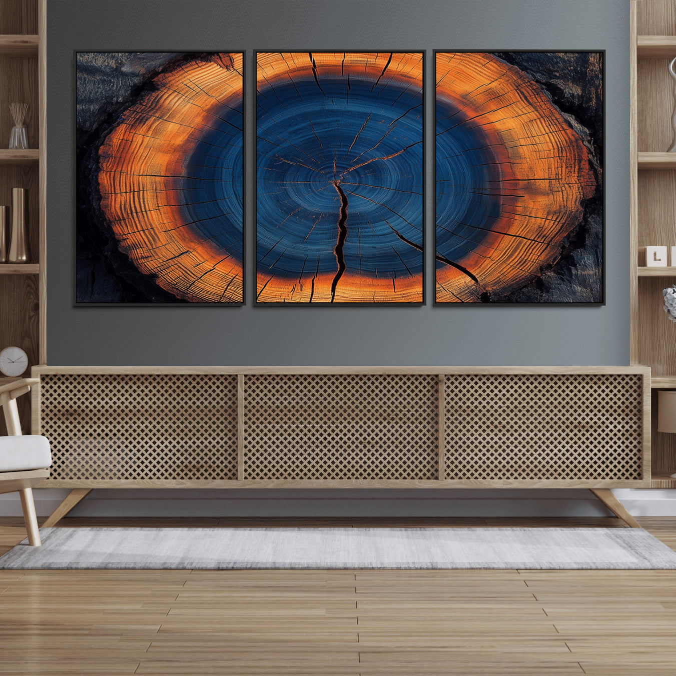 54040961-MGV-FC-60X30-3P_Black-Abstract Tree Ring Wall Art Print – Natural Rustic Wood Canvas, Framed Tree Stump Artwork, Modern Nature Design for Home, Office