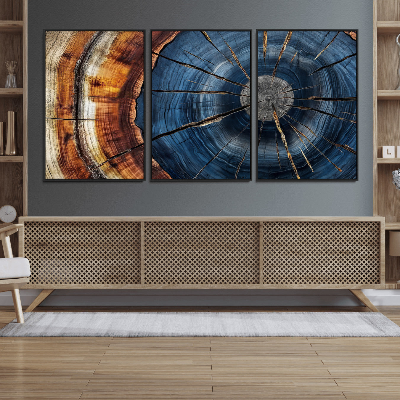 45268471-MGV-FC-60X30-3P_Black-Framed Abstract Tree Ring Wall Art Print Natural Rustic Wood Texture Canvas Print Wood Tree Stump Decor Home, Office