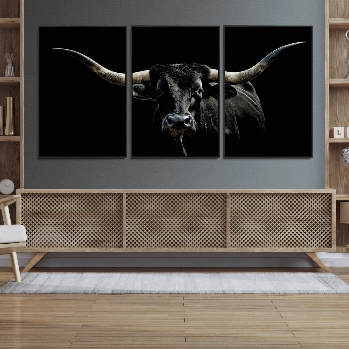 37531960-MGV-FC-60X30-3P_Black-Texas Black Bull Wall Art Print, Longhorn Bull Canvas Wall Art