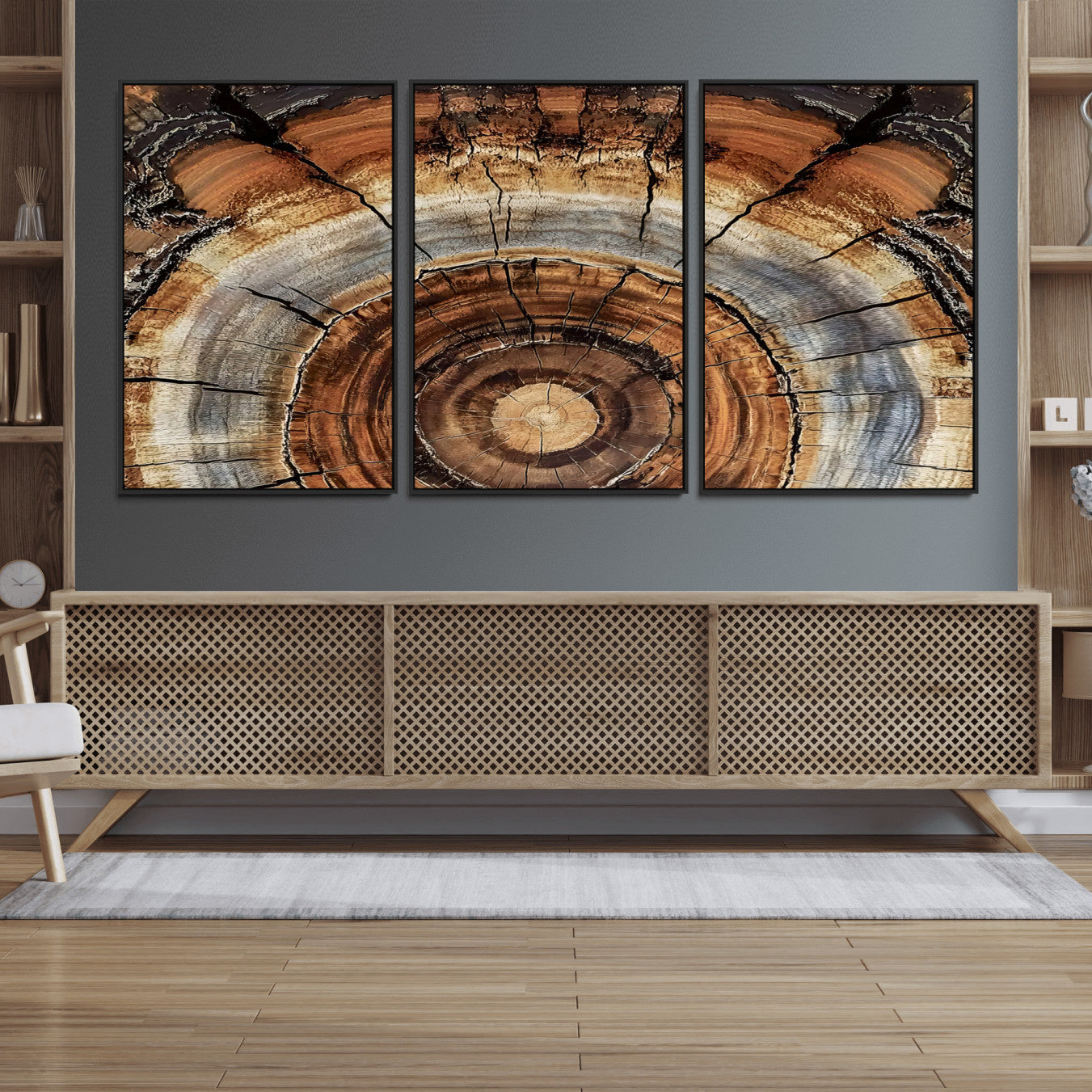 15184146-MGV-FC-60X30-3P_Black-Tree Rings Wall Art Canvas Print, Framed Wood Texture Art Picture Print, Rustic Pattern Perfect Rustic Organic Decor Artwork