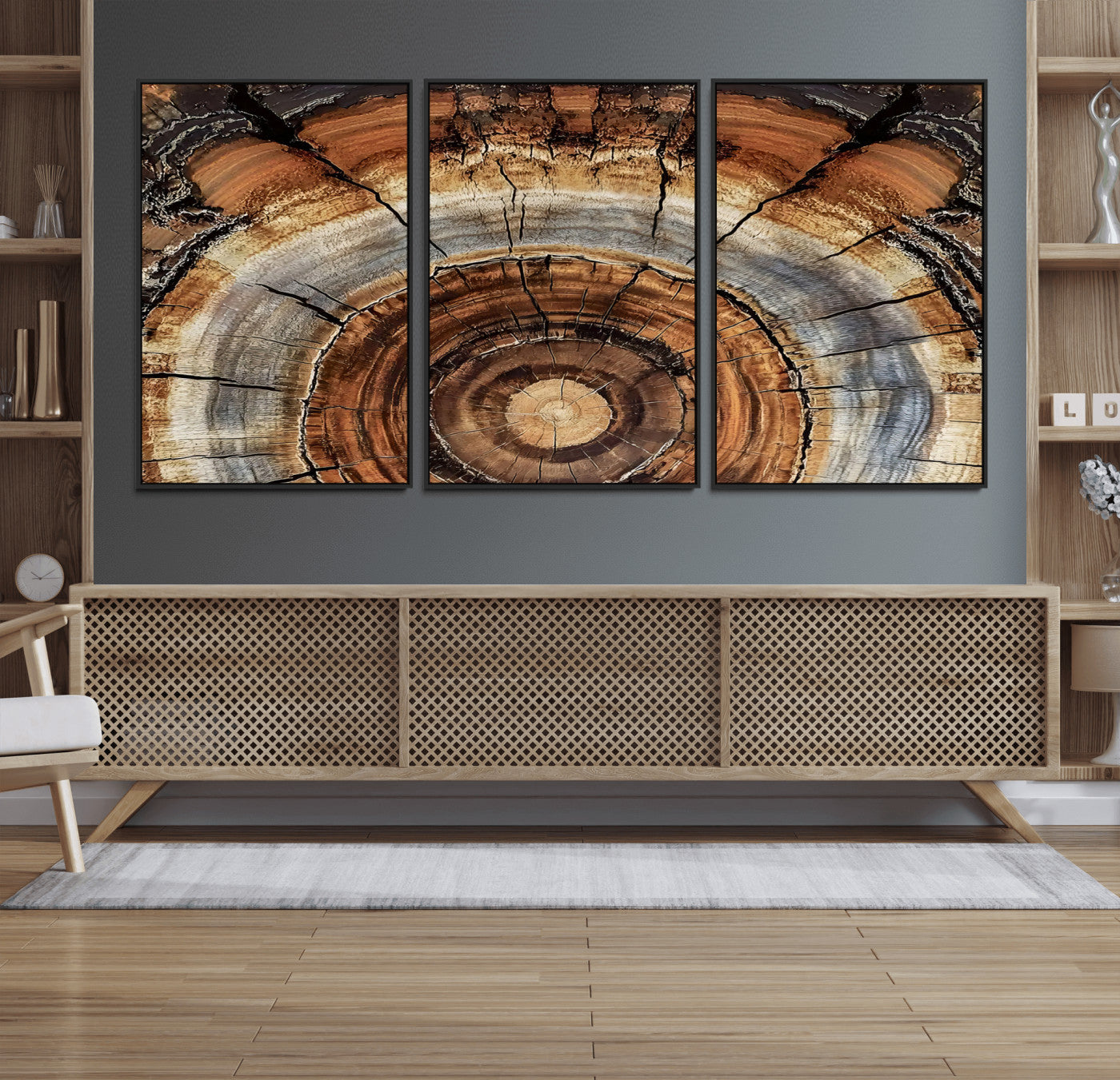 15184146-MGV-FC-60X30-3P_Black-Tree Rings Wall Art Canvas Print – Rustic Wood Texture Natural Grain Organic Pattern Earthy Artwork for Home Office