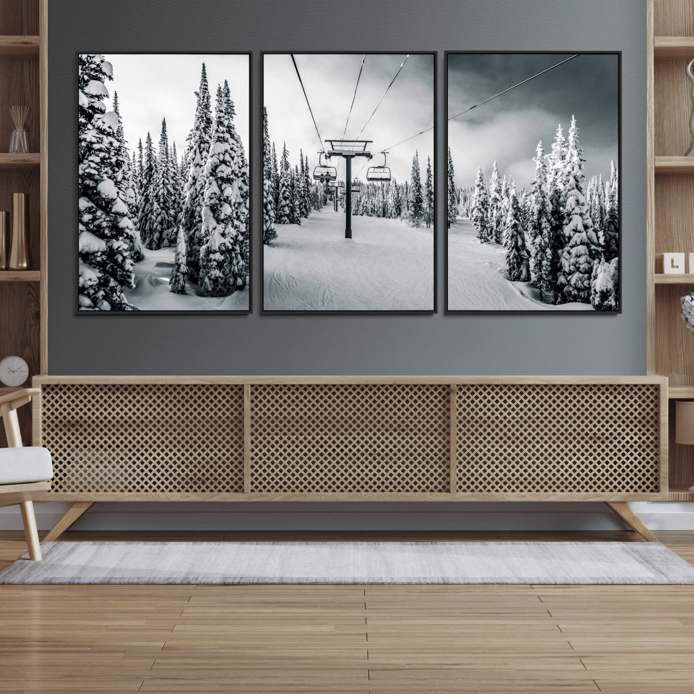 31156828-MGV-FC-60X30-3P_Black-Snowy Pines Wall Art Canvas Print – Framed Ski Lift Winter Forest Snowy Landscape Moody Lodge Artwork for Home, Office