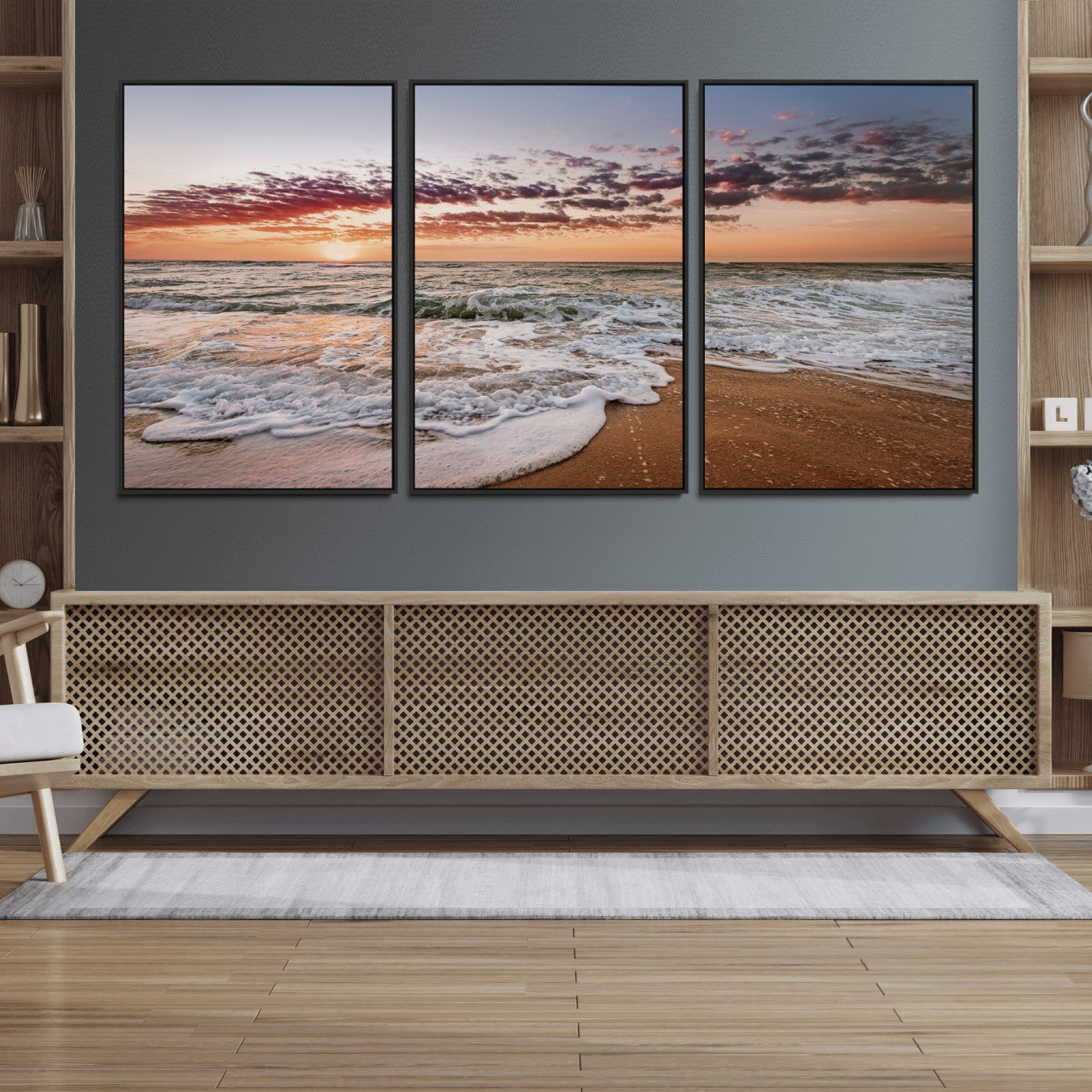 39846389-MGV-CV-36X24-Ocean Sunset Wall Art Canvas Print – Framed Sandy Shore Gentle Waves Coastal Landscape Minimalist Artwork for Home, Office