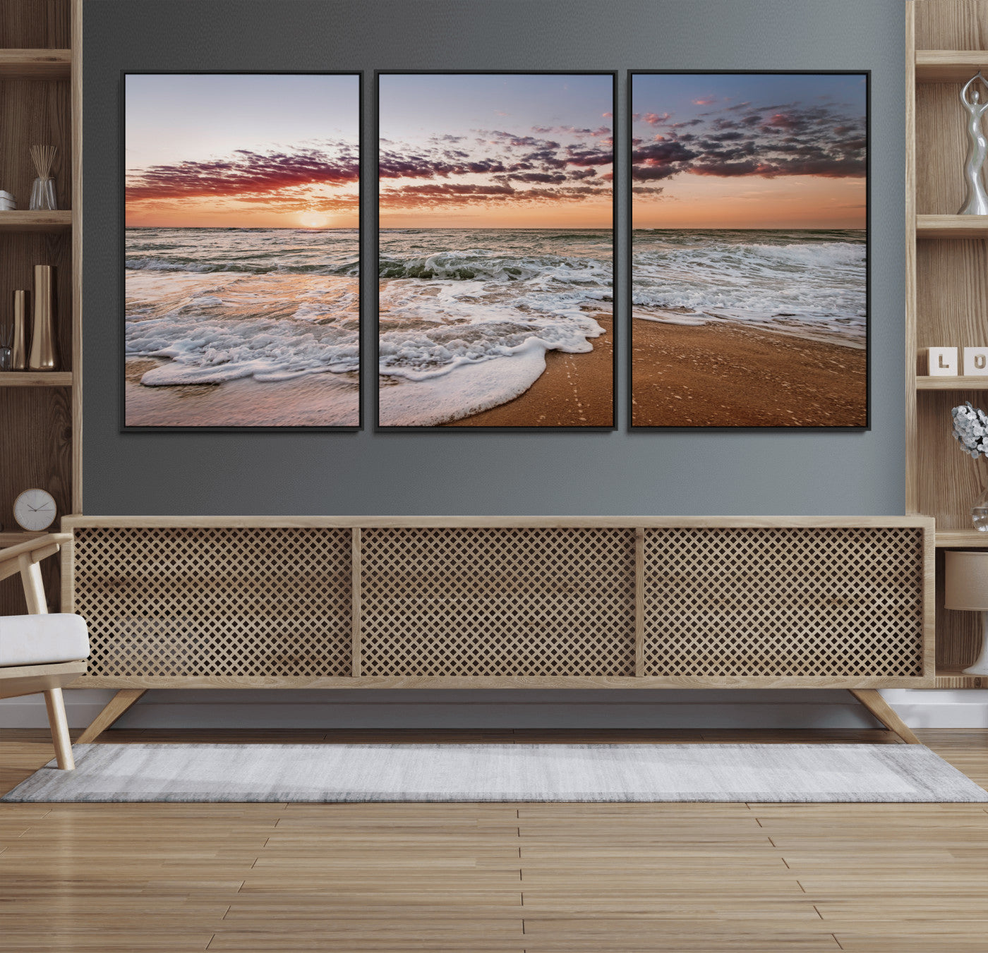 39846389-MGV-CV-36X24-Ocean Sunset Wall Art Canvas Print – Framed Sandy Shore Gentle Waves Coastal Landscape Minimalist Artwork for Home, Office
