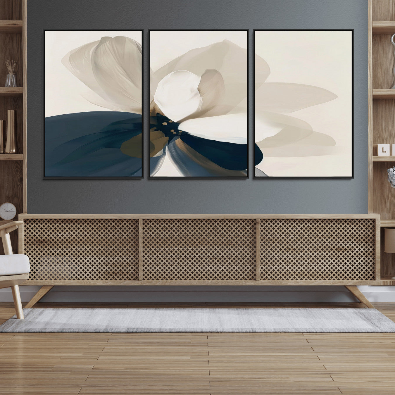42188901-MGV-FC-60X30-3P_Black-Minimal Flower Wall Art Canvas Print, Framed Flower Drawing Art Picture Print, Beige Bloom Perfect Modern Botanical Decor Artwork