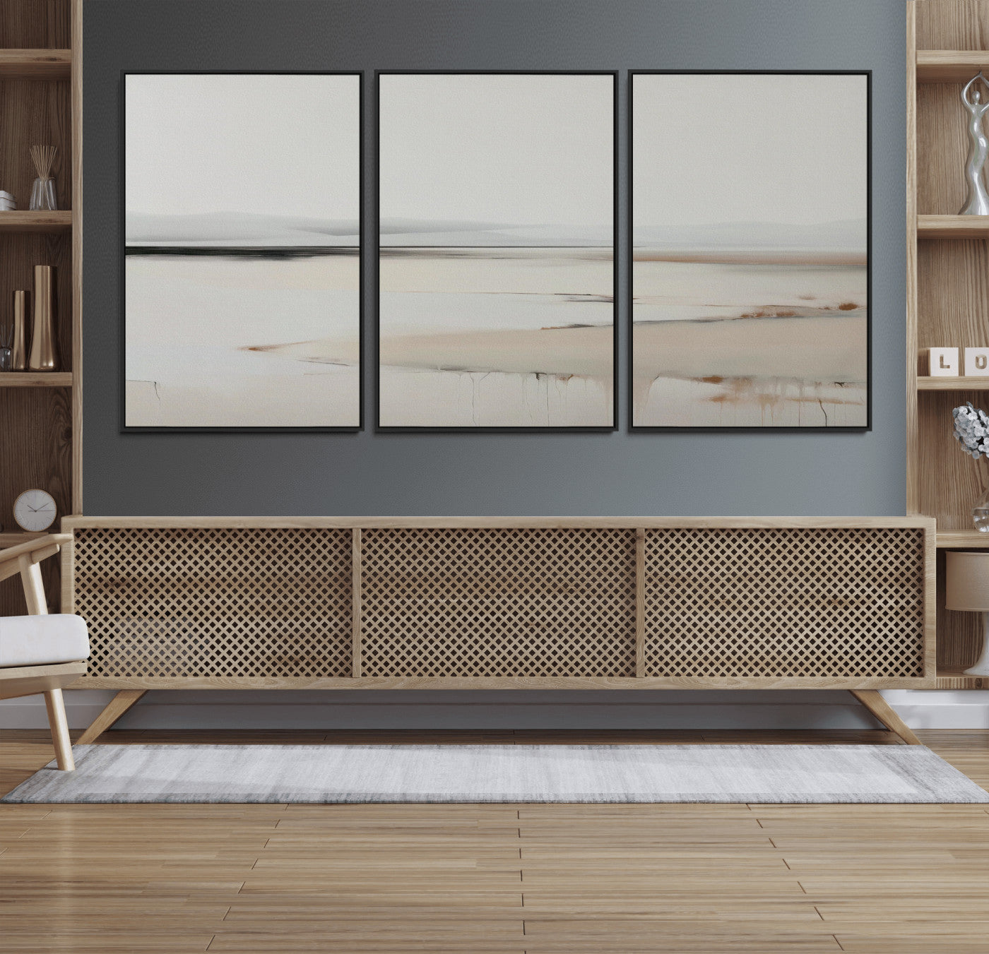 89410095-MGV-FC-60X30-3P_Black-Minimalist Landscape Wall Art Canvas Print – Framed Soft Horizon Abstract Seascape Earthy Tones Artwork for Home Office