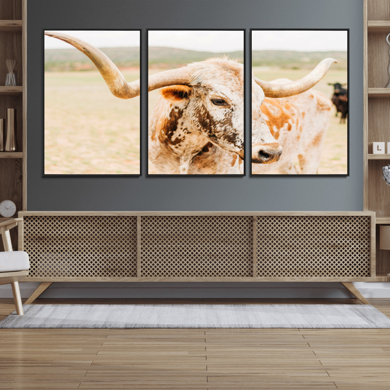 69501833-MGV-FC-60X30-3P_Black-Texas Longhorn Wall Art Canvas Print, Framed Spotted Cow Art Picture Print, Horned Cattle Perfect Rustic Western Decor Artwork