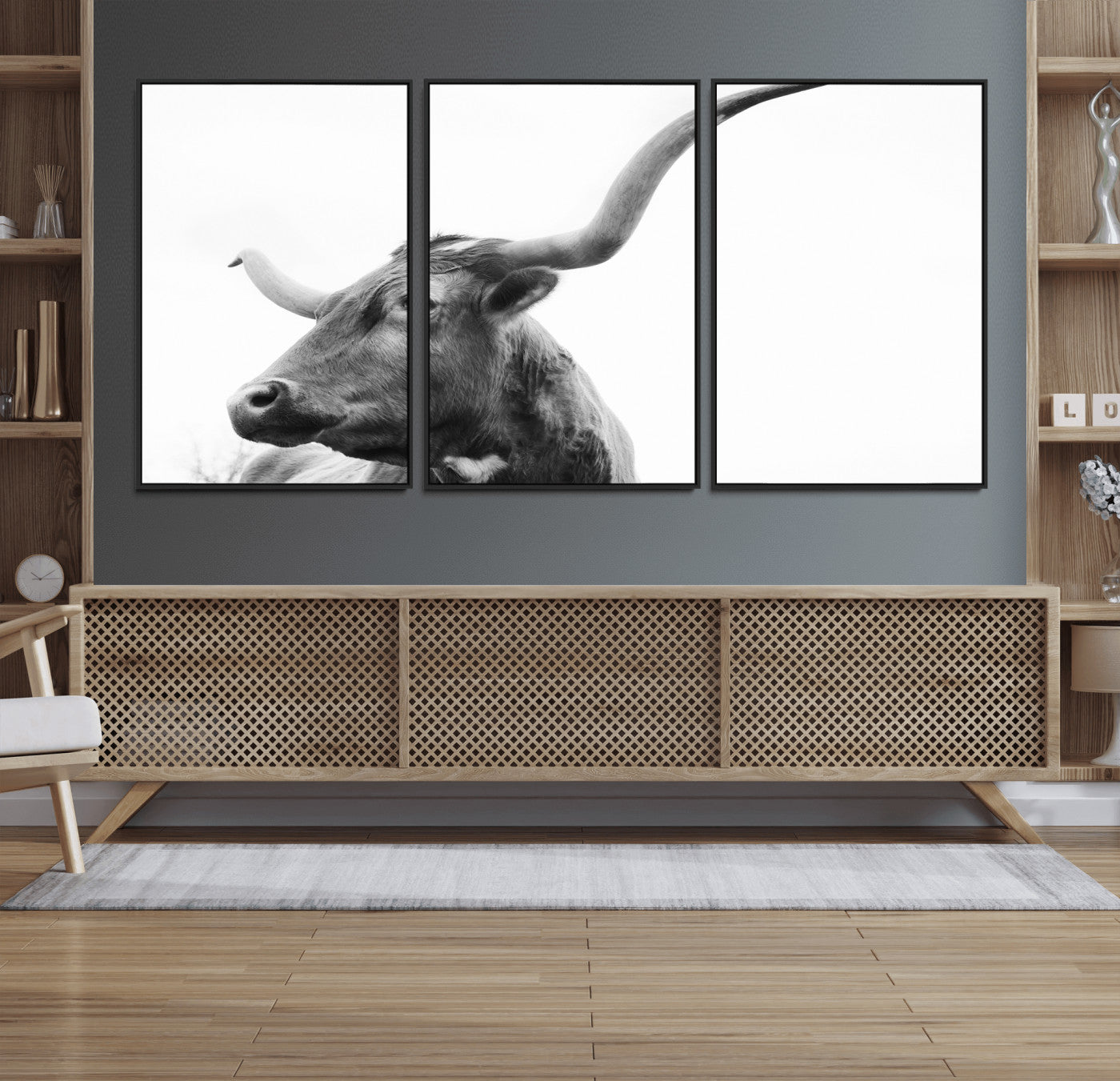 64392617-MGV-FC-60X30-3P_Black-Longhorn Wall Art Canvas Print – Framed Monochrome Ranch Cow Rustic Western Artwork for Home, Office
