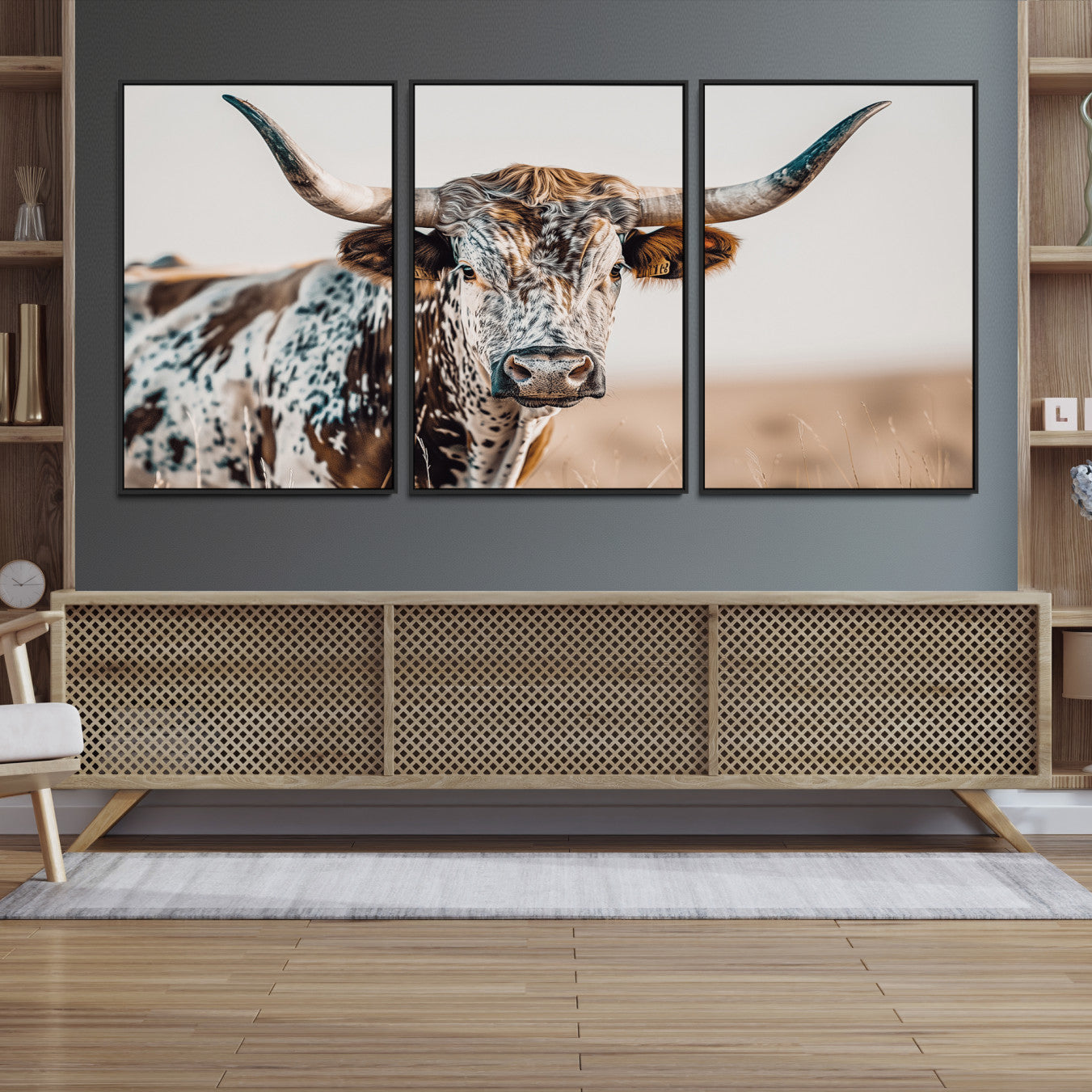 Canvas of a speckled Texas longhorn with wide curved horns and warm tones, perfect for rustic or country-style wall decor.