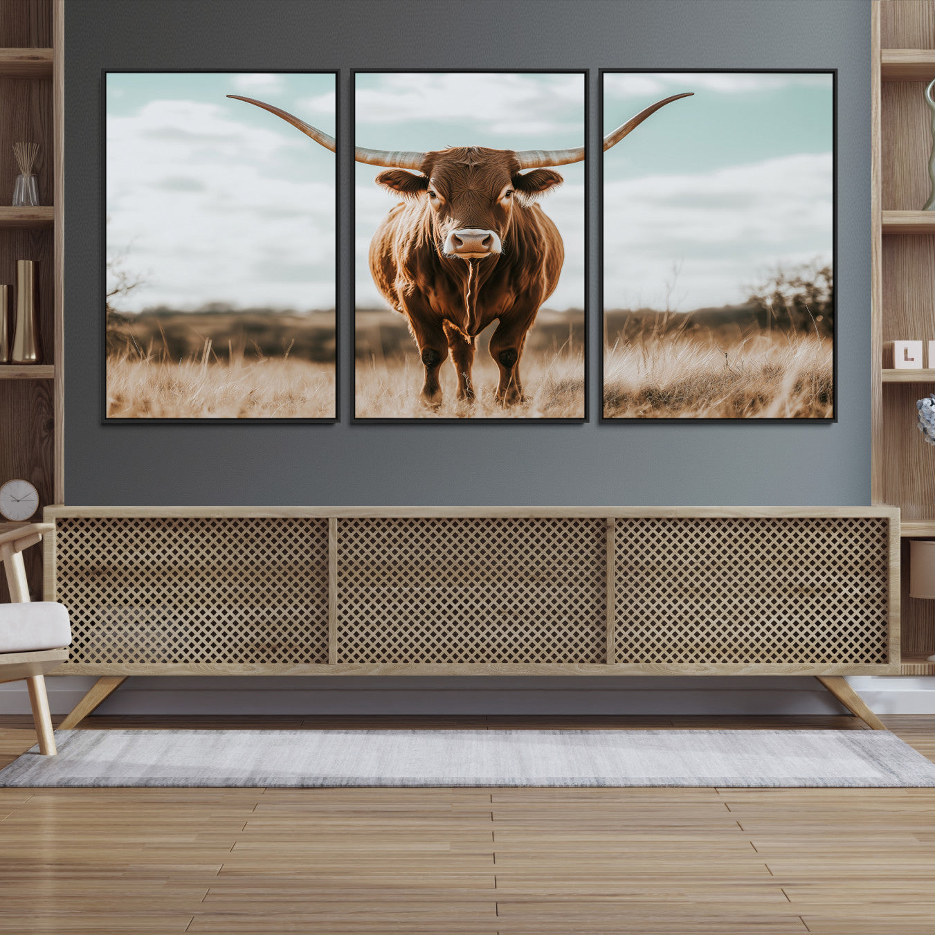 Texas Longhorn standing in a golden prairie under soft skies, ideal for rustic or western-style decor with warm natural tones.