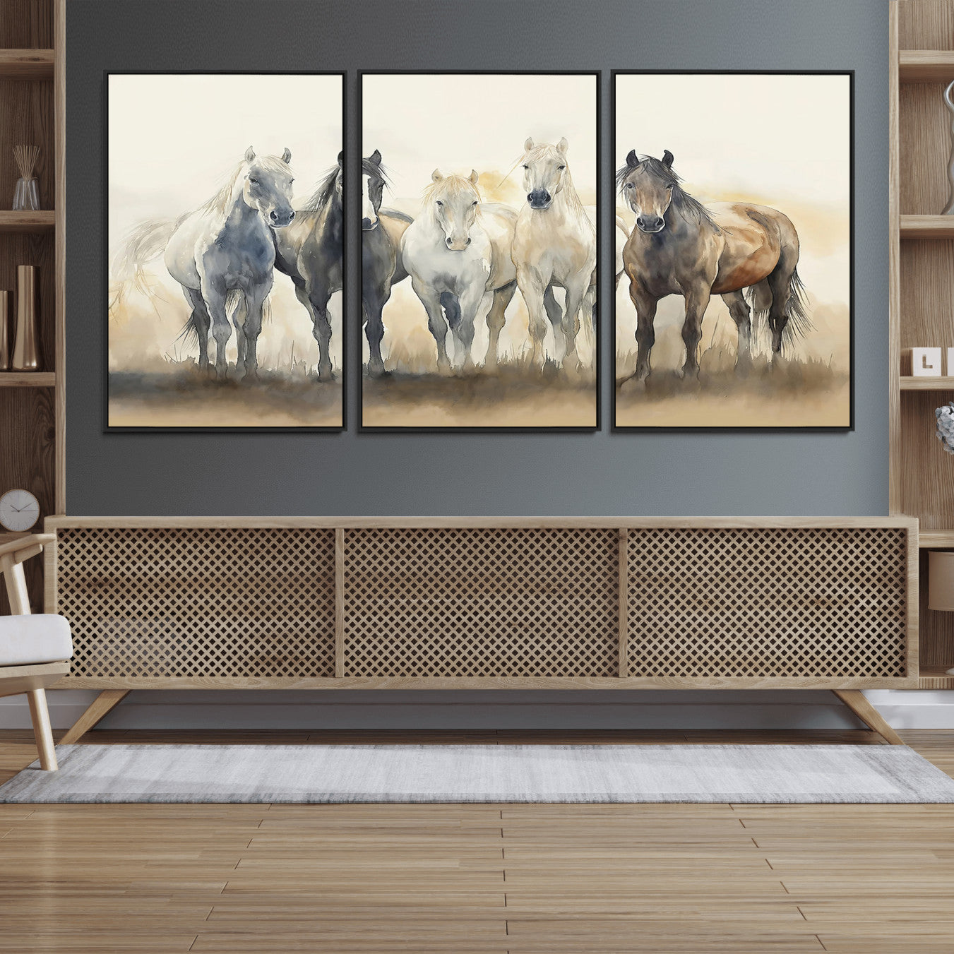 MGV-FC-60X30-3P - Wild Horses Wall Art Canvas Print, Framed Running Horses Art Picture Print, Watercolor Horses Perfect Rustic Western Decor Artwork