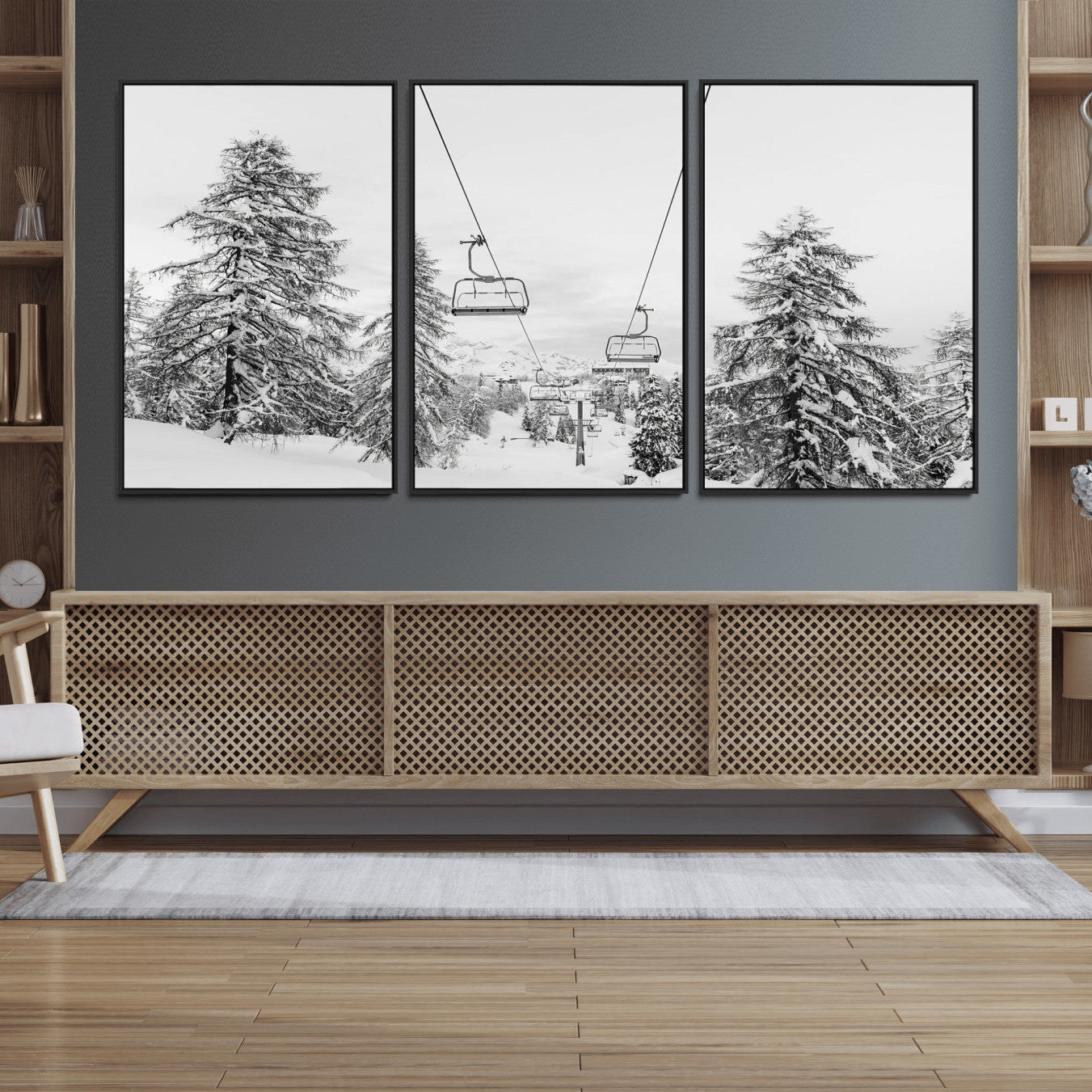 MGV-FC-60X30-3P - Wall Art Canvas Print Winter Chairlift Views Silent Snow-Covered Pines Mountain Calm Serenity Frozen