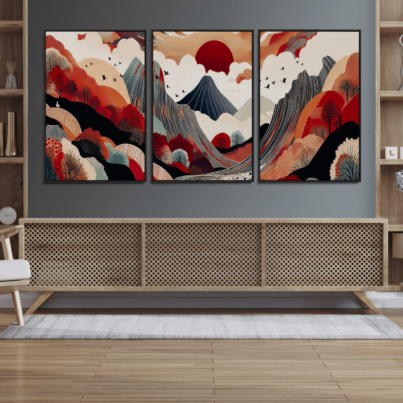 49034575-MGV-FC-60X30-3P_Black-Abstract Mountain Wall Art Canvas Print, Framed Vibrant Landscape Art Picture Print, Stylized Nature Drawing Perfect Contemporary Minimalist Decor Artwork