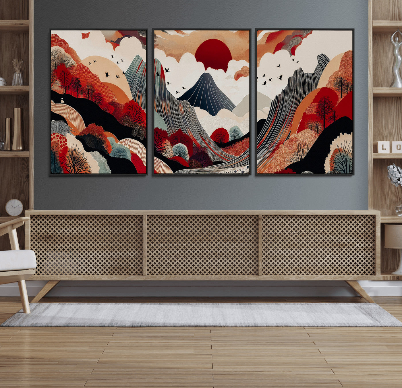 49034575-MGV-FC-60X30-3P_Black-Abstract Mountain Wall Art Canvas Print, Framed Vibrant Landscape Art Picture Print, Stylized Nature Drawing Perfect Contemporary Minimalist Decor Artwork