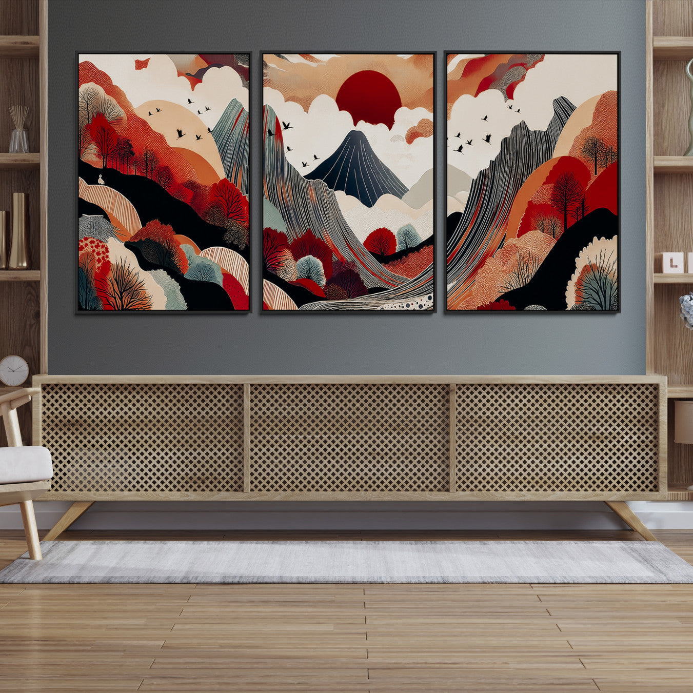 Abstract nature illustration with a red sun, mountains, and vibrant landscapes in graphic style, perfect for contemporary minimalist home decor. Ideal for modern spaces.