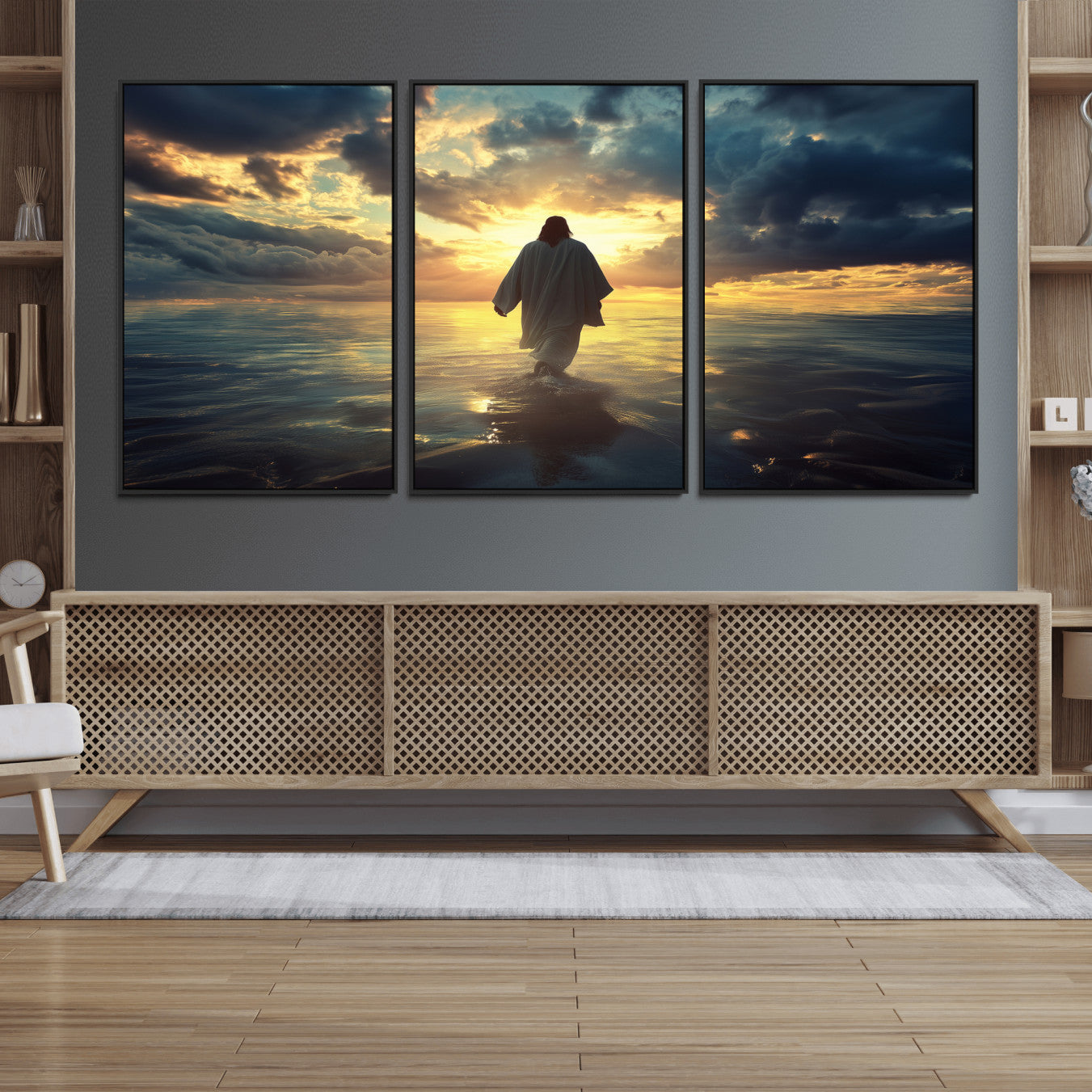 MGV-FC-60X30-3P - Jesus Walks Wall Art Canvas Print, Framed Divine Sunset Art Picture Print, Spiritual Light Perfect Spiritual Tranquil Decor Artwork