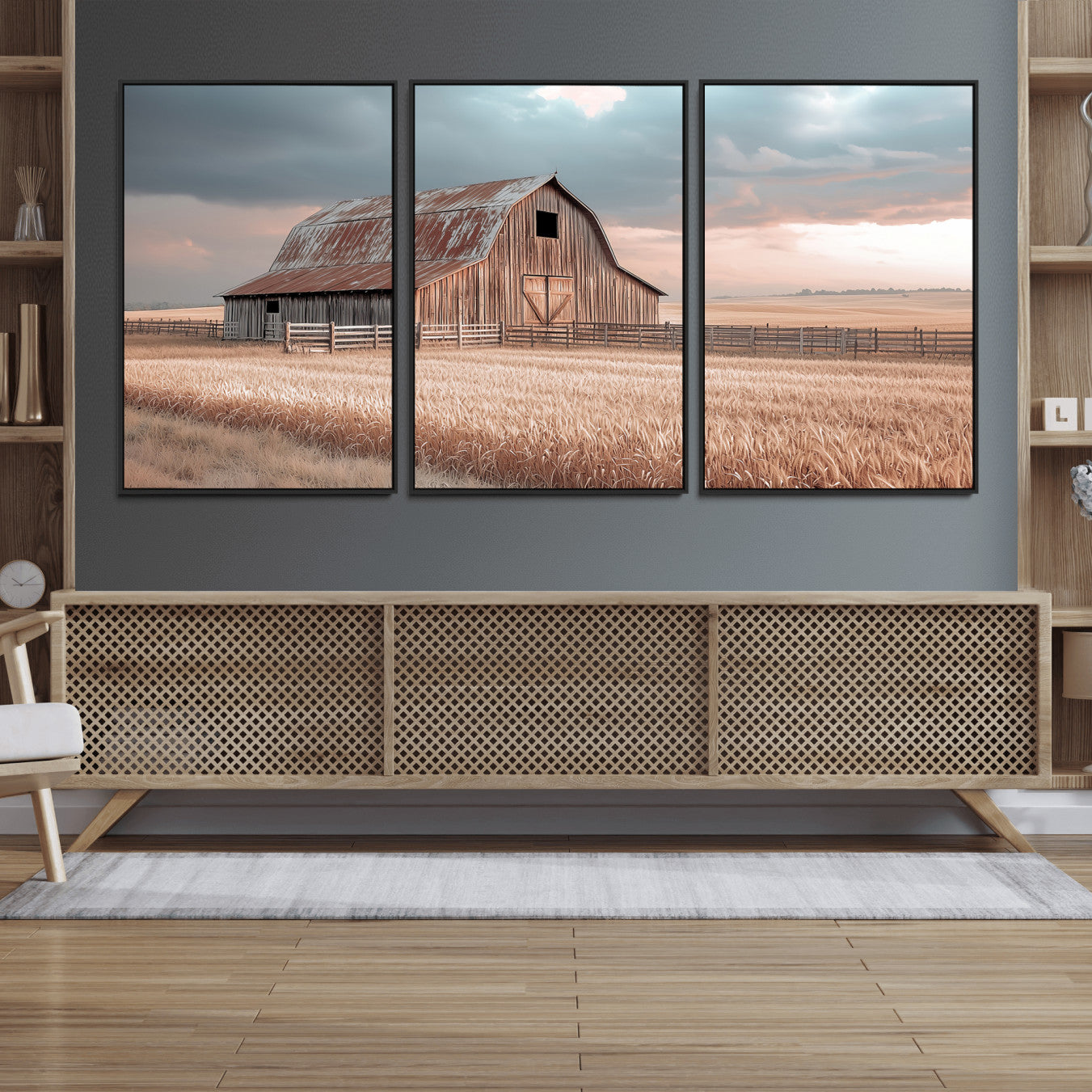 MGV-FC-60X30-3P - Rustic Barn Wall Art Canvas Print, Framed Wheat Field Art Picture Print, Sunset Barn Perfect Vintage Farmhouse Decor Artwork
