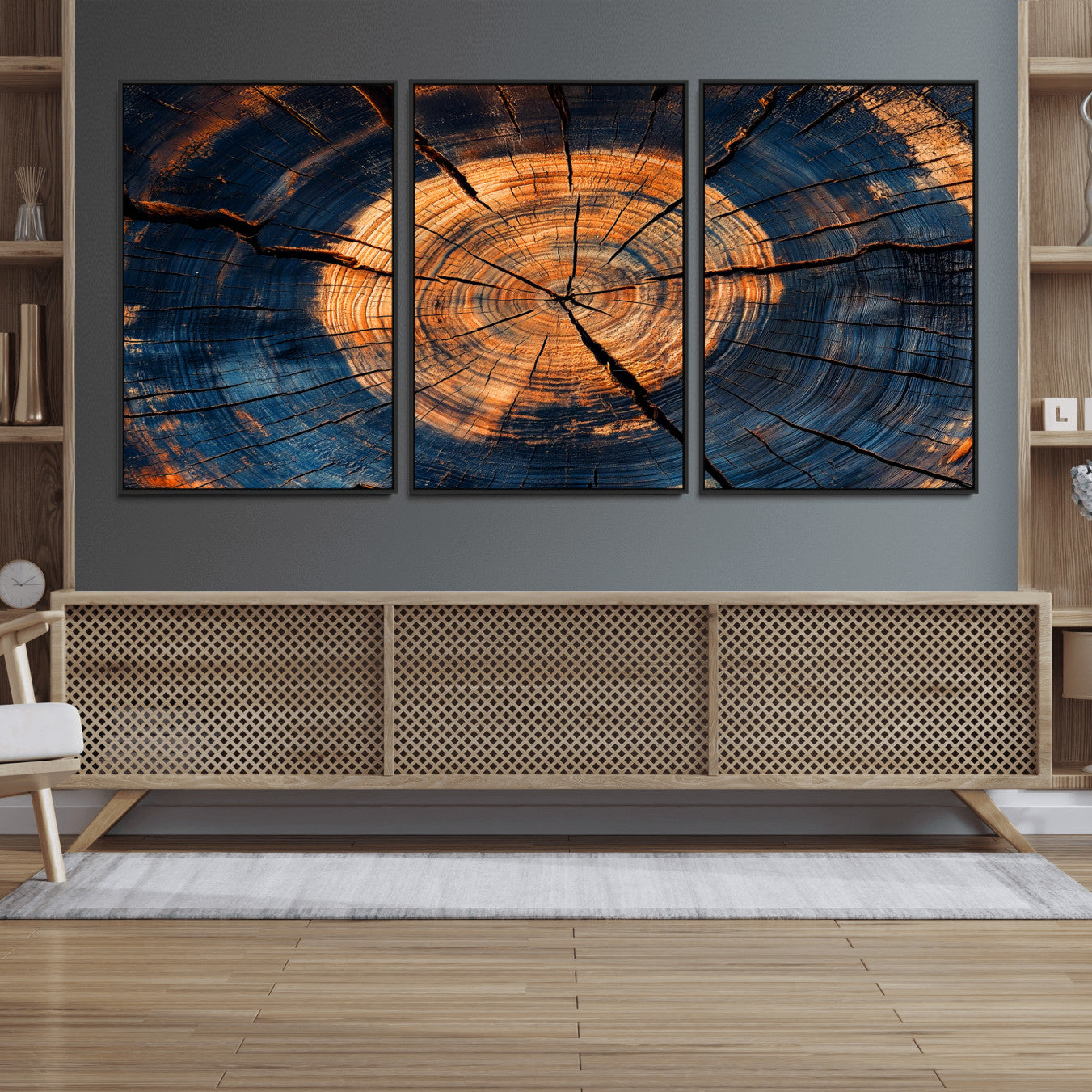 18975622-MGV-FC-60X30-3P_Black-Burnt Wood Wall Art Canvas Print – Framed Aged Timber Tree Artwork, Rustic Decor Perfect for Home, Office