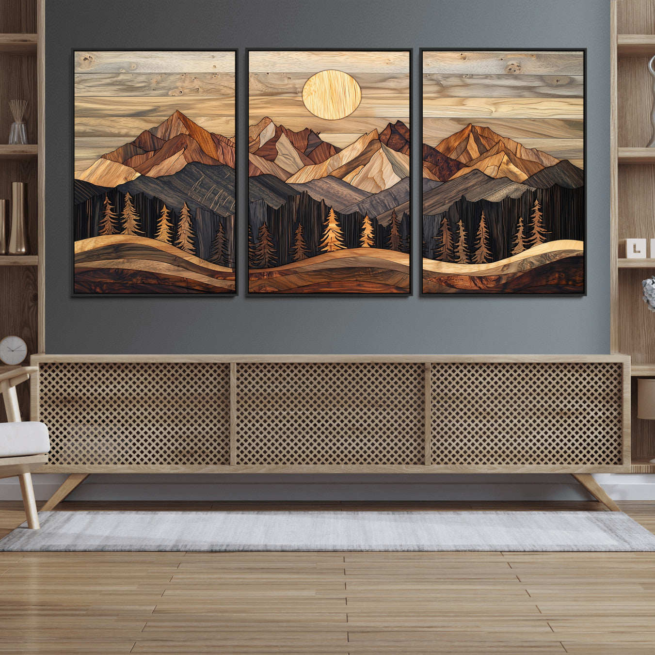 50100230-MGV-CV-36X24-Wood Mountain Wall Art Canvas Print – Framed Boho Abstract Woodland Rustic Farmhouse Geometric Artwork for Home Office