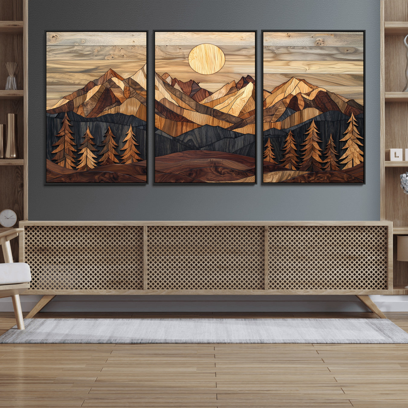 39116082-MGV-FC-60X30-3P_Black-Wood Mountain Landscape Wall Art Canvas Print – Framed Sunset Hills Nature Artwork, Abstract Boho Decor for Home, Office