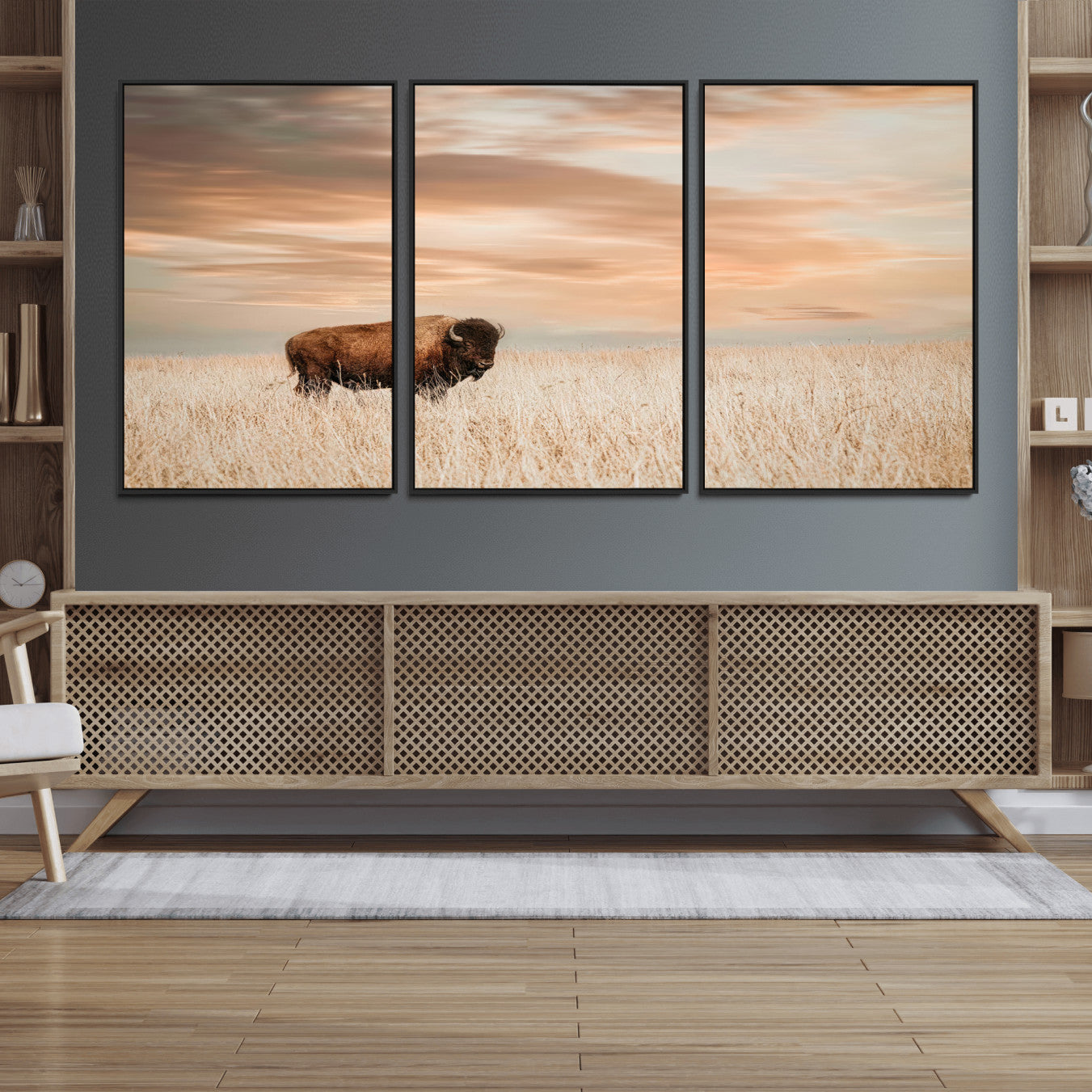 87282289-MGV-FC-60X30-3P_Black-Bison Wall Art Canvas Print – Framed Buffalo Artwork, Western Prairie Scene Perfect Rustic Decor for Home, Office