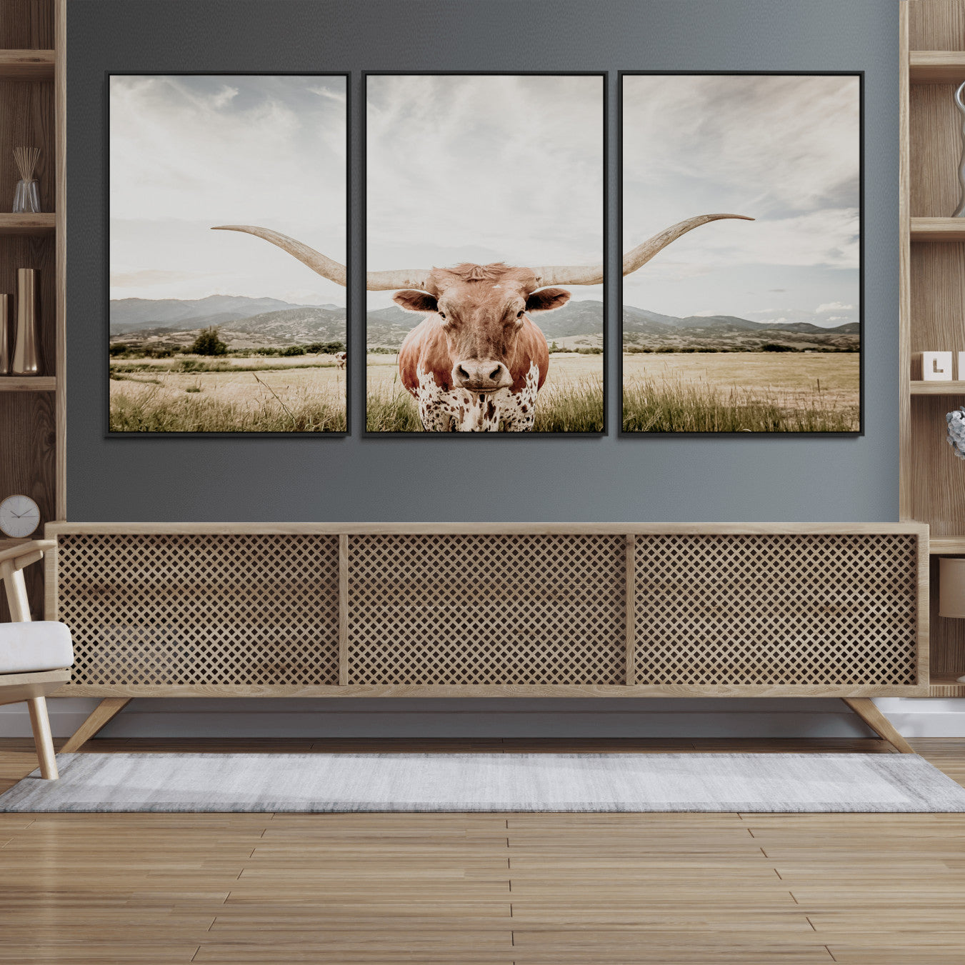 80054319-MGV-FC-60X30-3P_Black-Texas Longhorn Wall Art Canvas Print, Framed Western Cow Art Picture Print, Rustic Farmhouse Perfect Farmhouse Decor Artwork