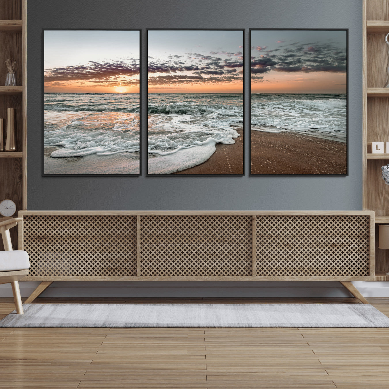 40632752-MGV-FC-60X30-3P_Black-Ocean Sunset Wall Art Canvas Print – Framed Beach Waves Scene with Coastal Artwork for Home, Office, Living Room
