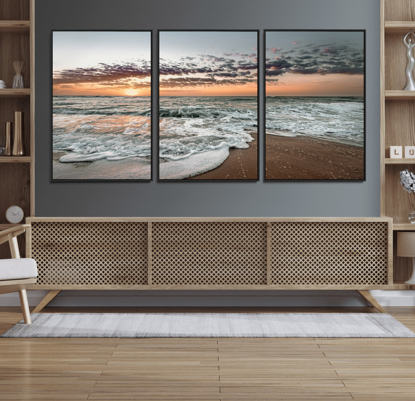 40632752-MGV-FC-60X30-3P_Black-Ocean Sunset Wall Art Canvas Print – Framed Beach Waves Scene with Coastal Artwork for Home, Office, Living Room