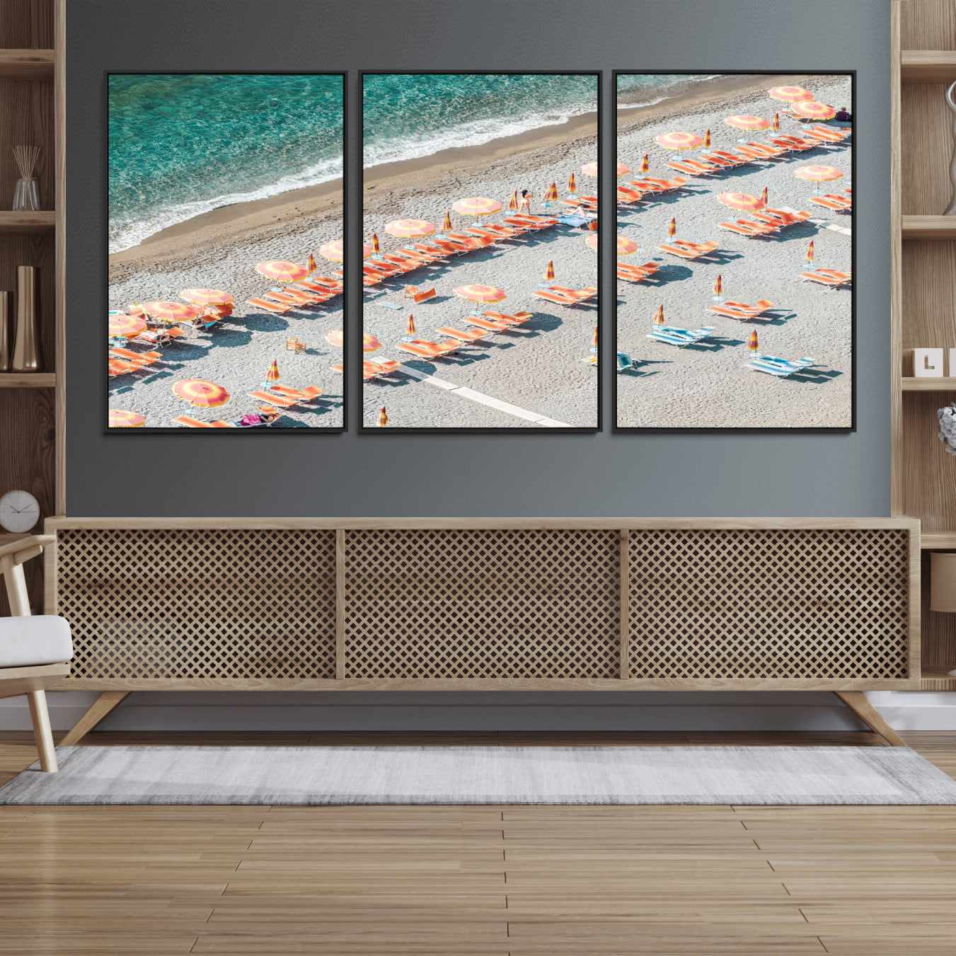 27805351-MGV-CV-36X24 - Beach Umbrellas Wall Art – Orange Loungers & Turquoise Water Canvas Print, Sandy Shore and Summer Vibes