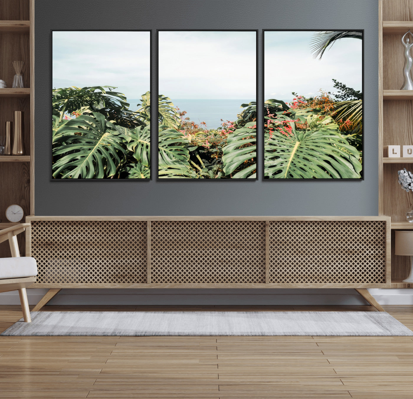 45700479-MGV-CV-36X24 - Tropical Greenery Wall Art – Exotic Leaves & Ocean View Canvas Print, Sunlit Paradise and Vibrant Nature for Living Room or Coastal Decor