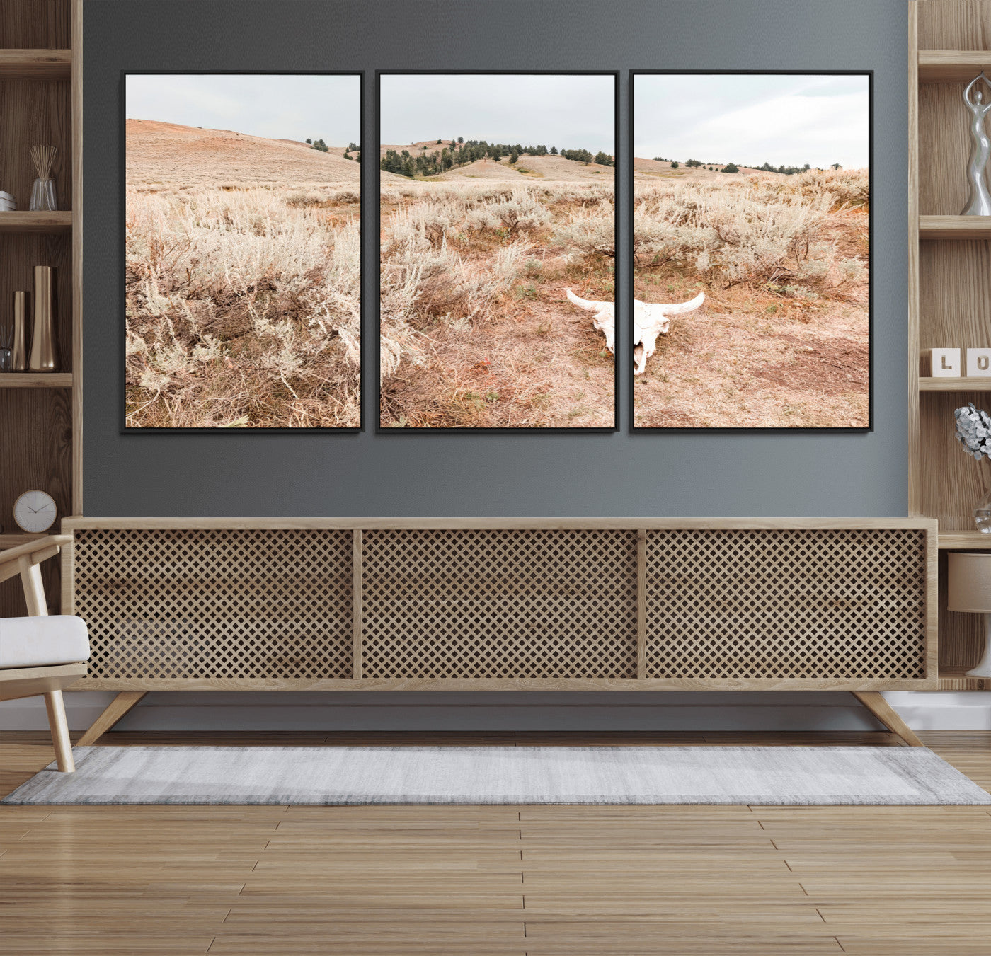 97234735-MGV-CV-36X24 - Desert Skull Wall Art – Arid Landscape & Sagebrush Canvas Print, Rustic Nature and Earth Tones for Living Room or Minimalist Decor