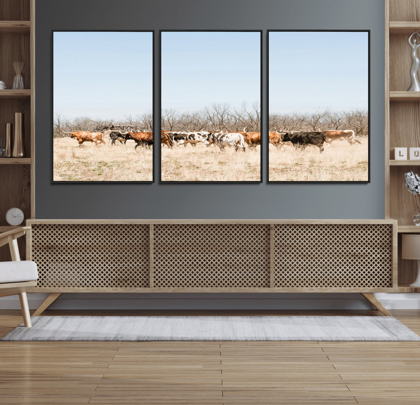16563092-MGV-FC-60X30-3P_Black-Texas Longhorns Wall Art Canvas Print, Framed Western Cattles Art Picture Print, Rustic Herd Perfect Rustic Farmhouse Decor Artwork