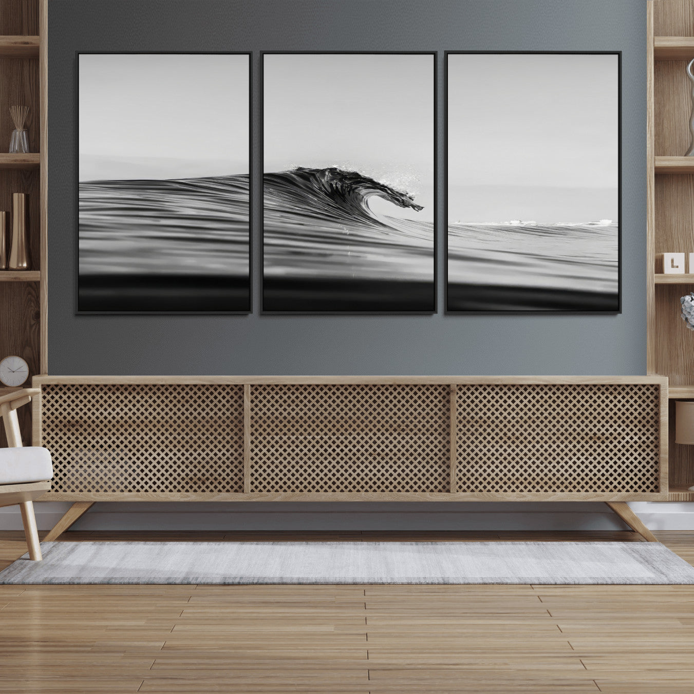 24029476-MGV-FC-60X30-3P_Black-Black Wave Wall Art Canvas Print, Framed Abstract Surf Art Picture Print, Minimalist Ocean Perfect Minimalist Coastal Decor Artwork