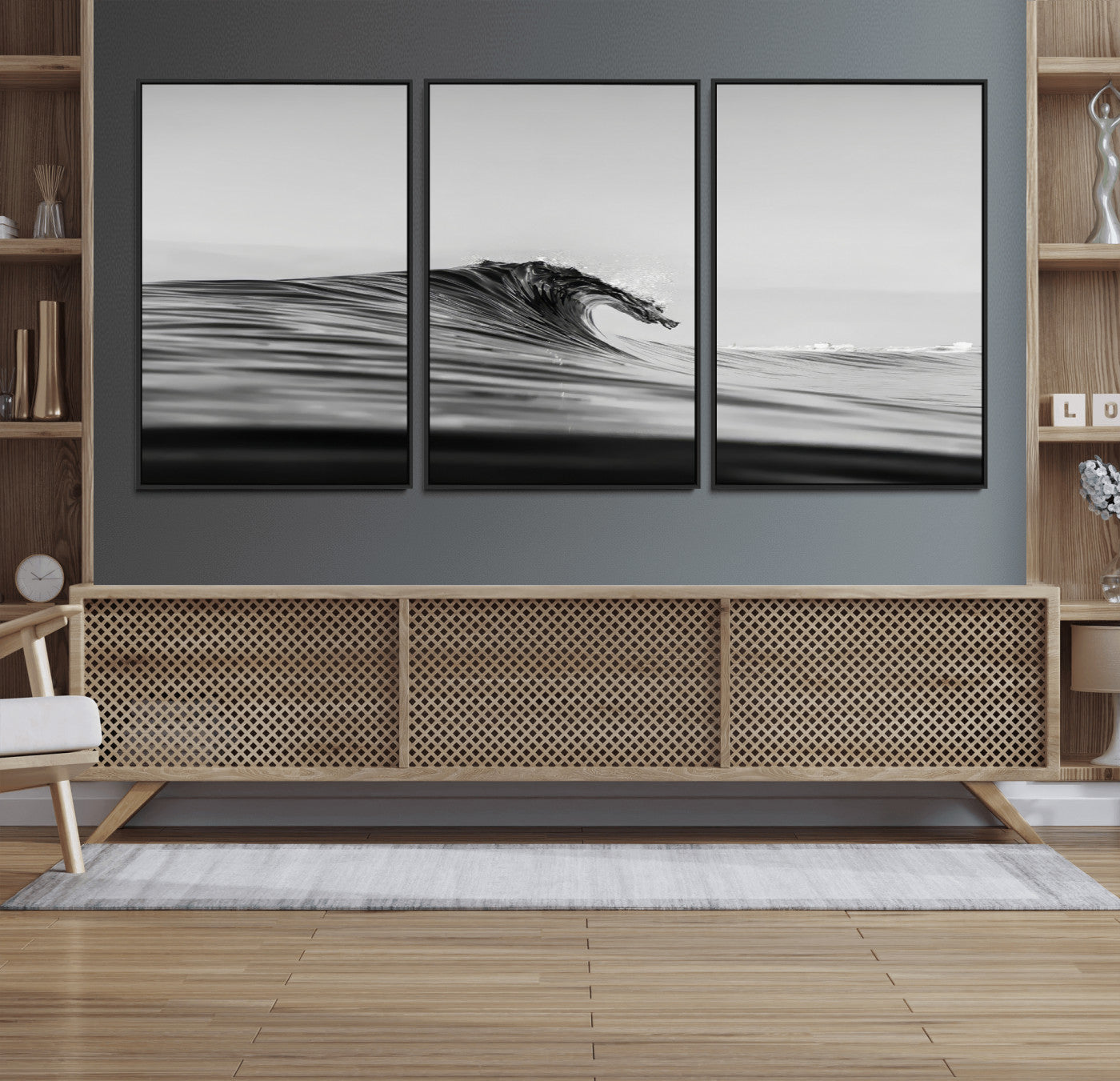 24029476-MGV-FC-60X30-3P_Black-Black Wave Wall Art Canvas Print, Framed Abstract Surf Art Picture Print, Minimalist Ocean Perfect Minimalist Coastal Decor Artwork