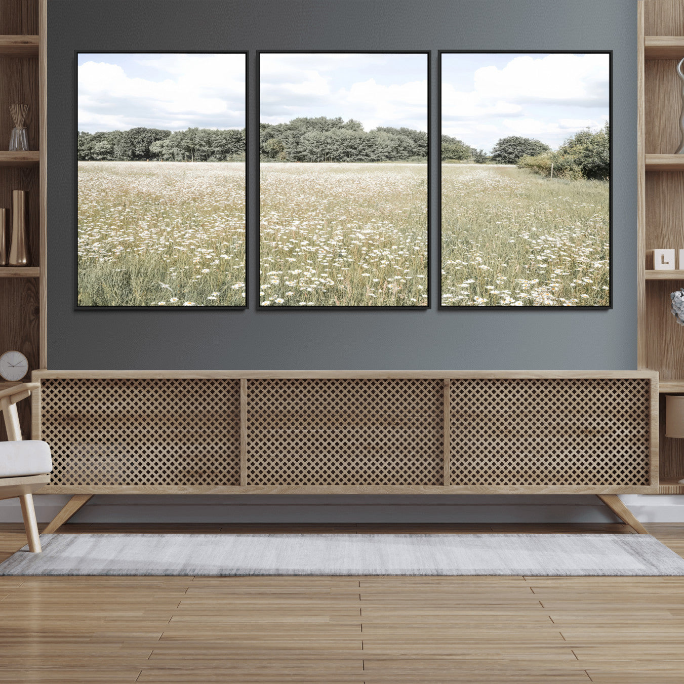 43258946-MGV-CV-36X24-Charming Daisy Field Wall Art Canvas Print – Framed Pastel Flower Meadow Bloom Scandinavian Minimal Artwork for Home Office