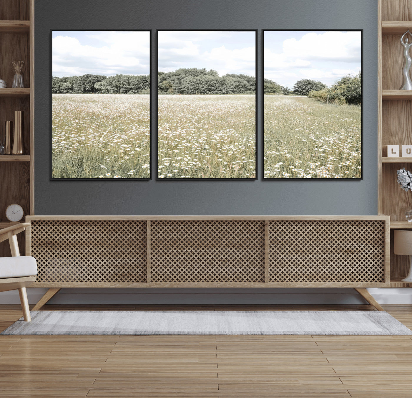 43258946-MGV-CV-36X24-Charming Daisy Field Wall Art Canvas Print – Framed Pastel Flower Meadow Bloom Scandinavian Minimal Artwork for Home Office