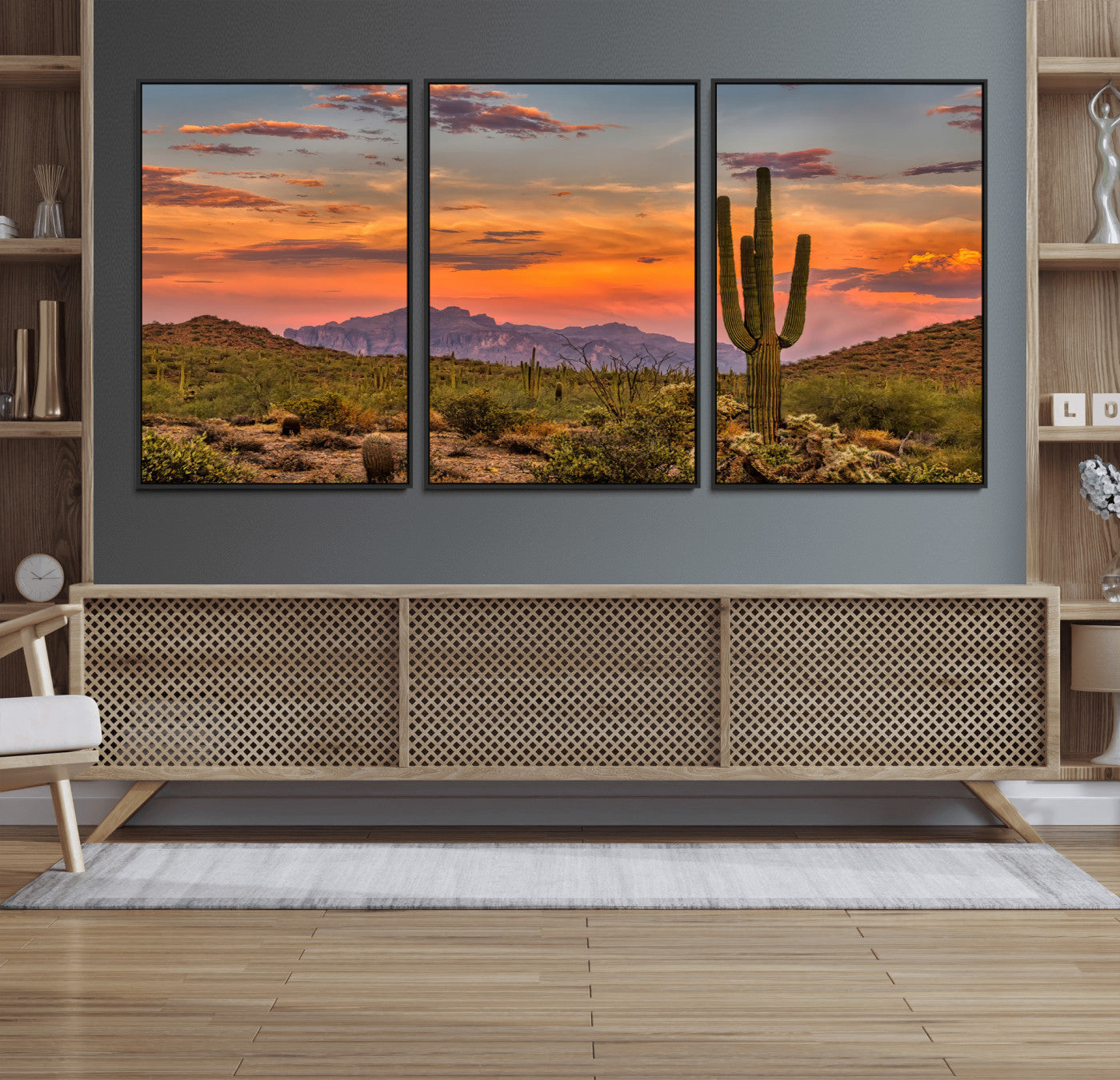 25332783-MGV-FC-60X30-3P_Black-Saguaro Cactus Wall Art Canvas Print – Framed Arizona Sunset Sonoran Desert Southwestern Boho Artwork for Home Office