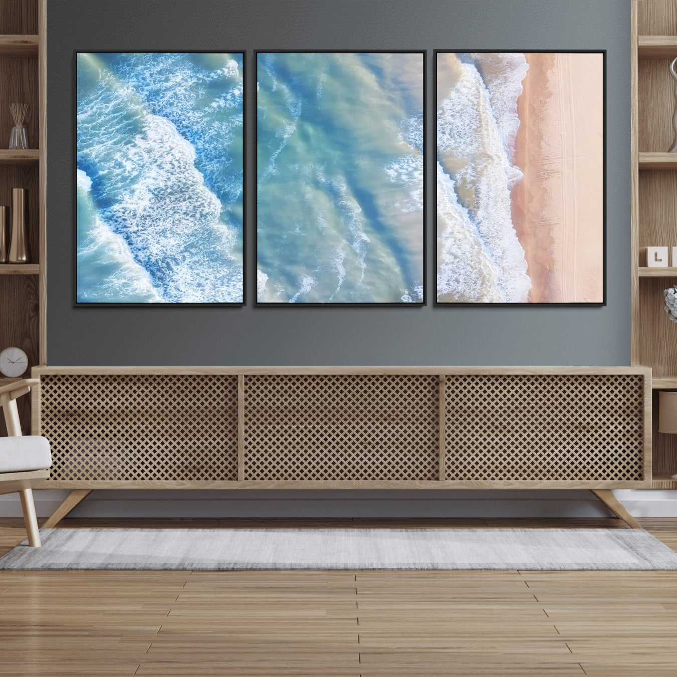17641845-MGV-FC-60X30-3P_Black-Aerial Ocean View Wall Art Canvas Print, Framed Soft Blue Waves Art Picture Print, Sandy Shoreline Perfect Modern Coastal Decor Artwork